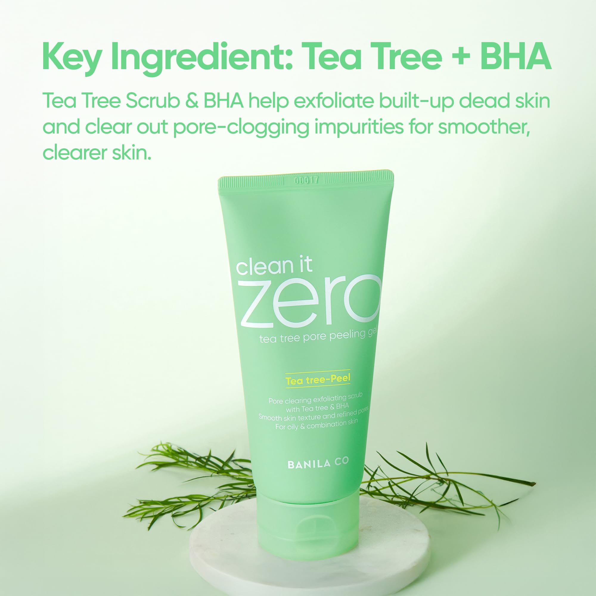 Close up of Banila Co Tea Tree Pore Peeling Gel bottle