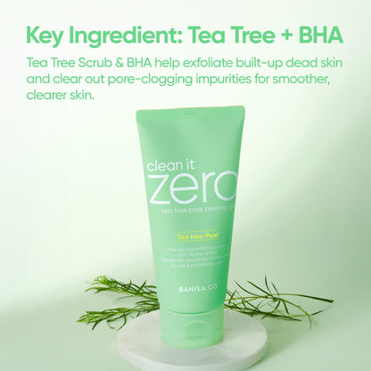 Close up of Banila Co Tea Tree Pore Peeling Gel bottle