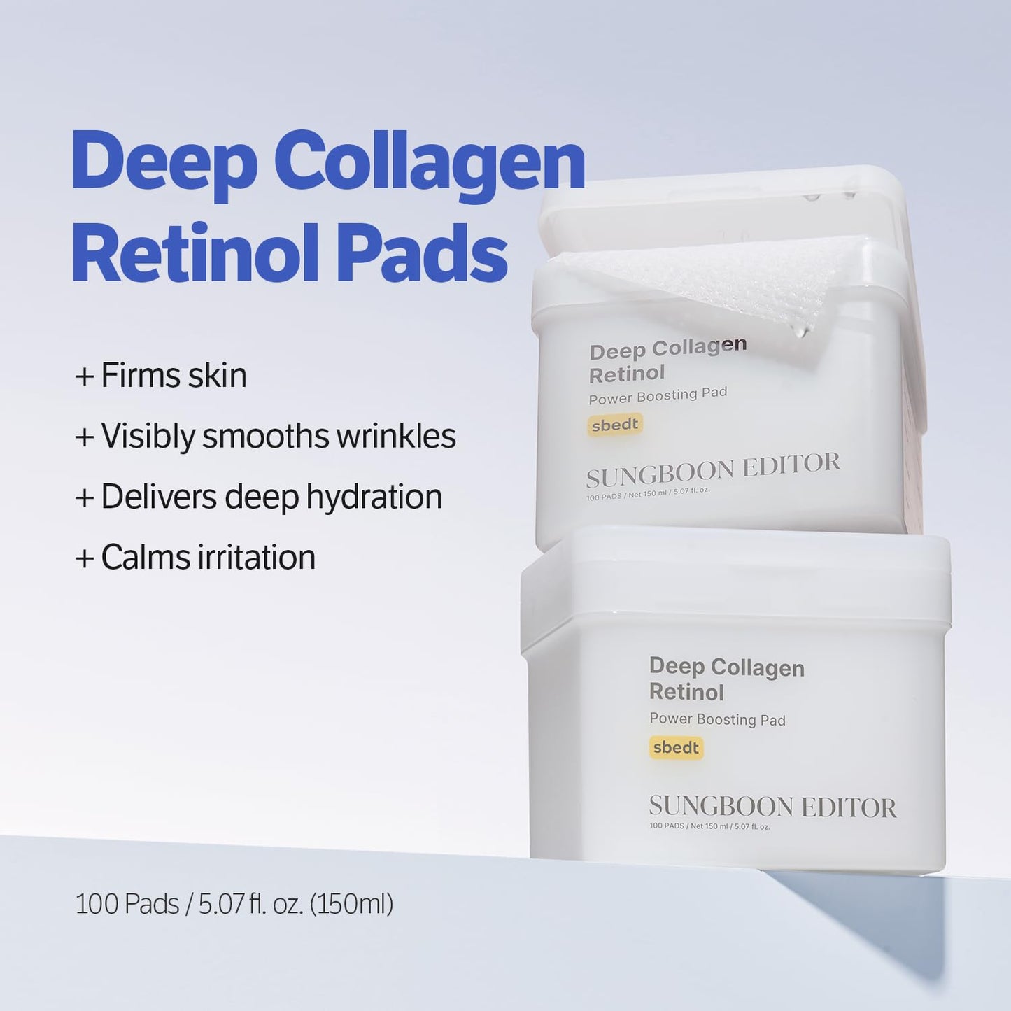 Jar of 100 count Sungboon Editor Collagen Retinol Pads on table