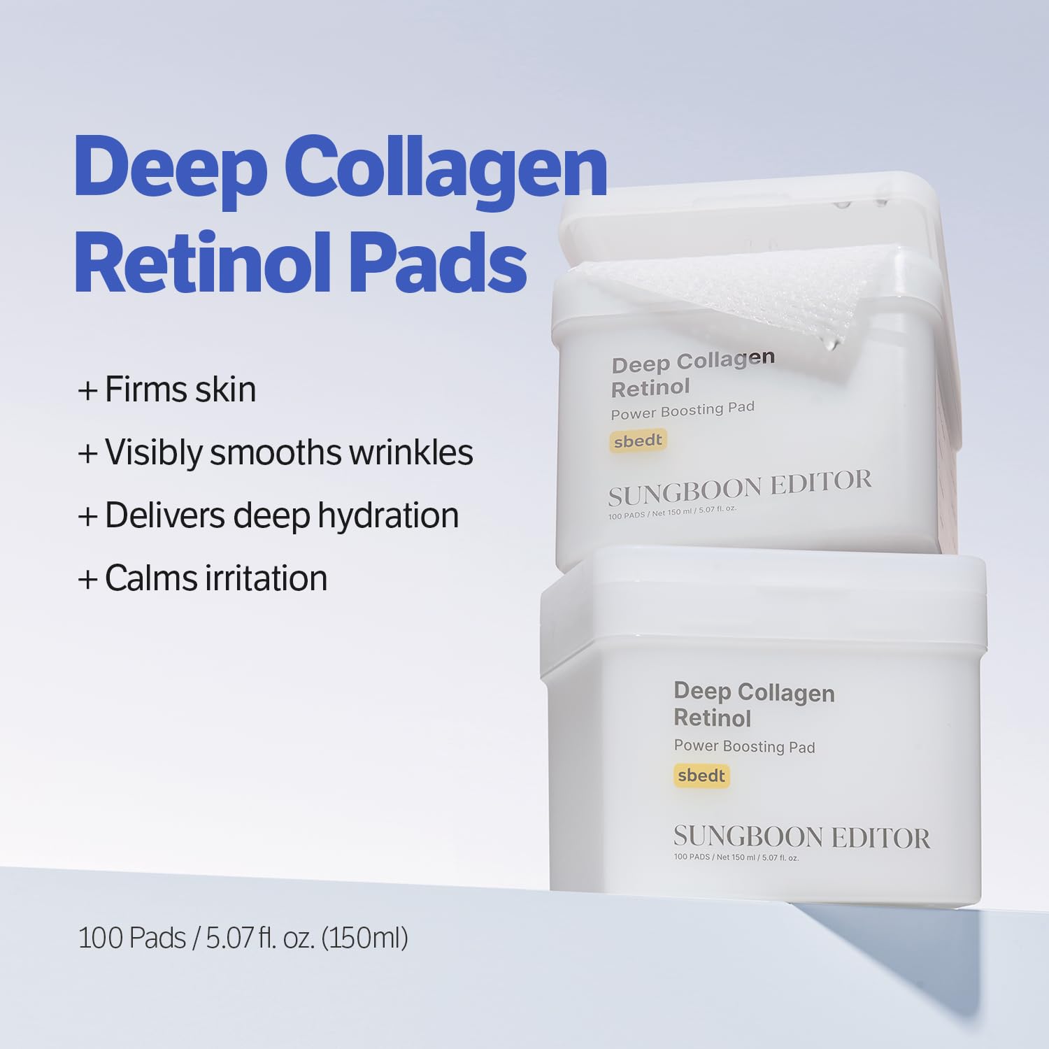 Jar of 100 count Sungboon Editor Collagen Retinol Pads on table