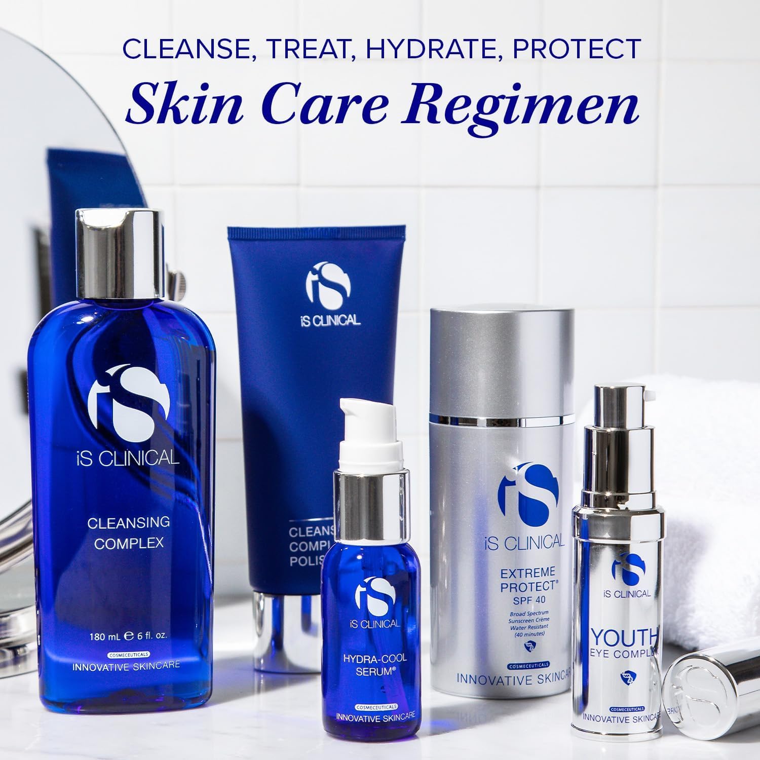 Professional skincare routine featuring IS Clinical Cleansing Complex Polish
