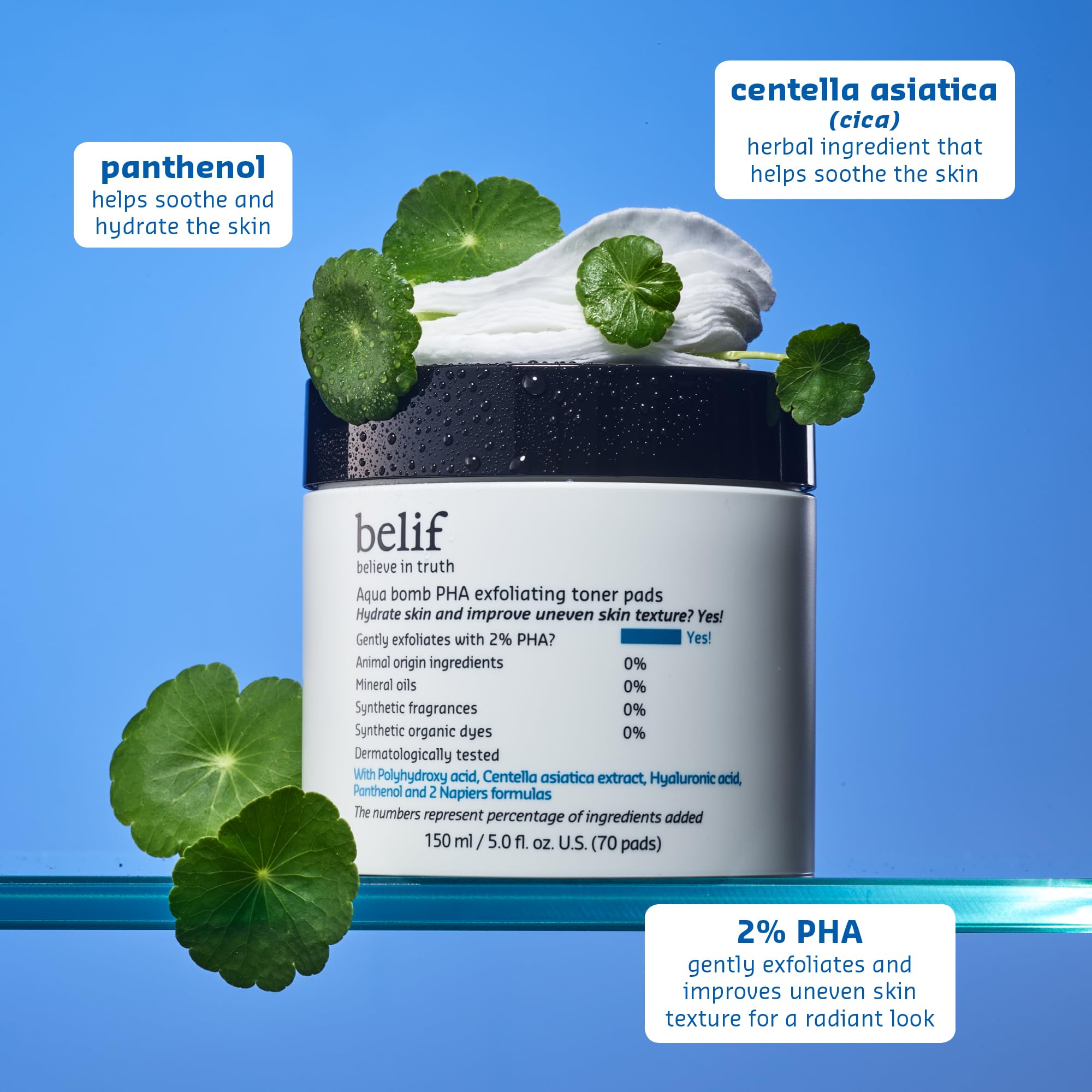 Belif skincare product packaging with 70 pads text