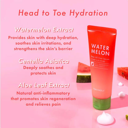 Applying Tonymoly watermelon face and body serum