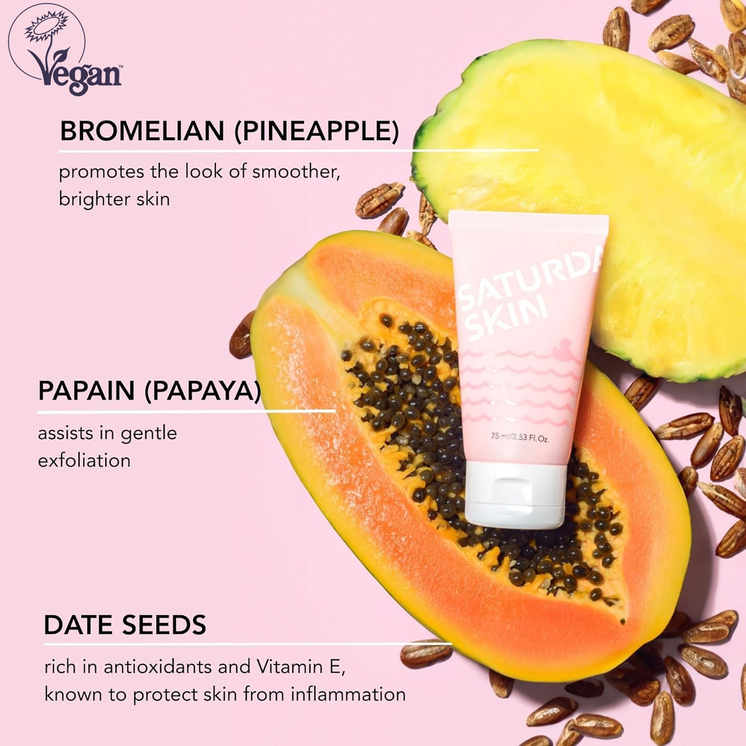 Back packaging description of Saturday Skin fruit enzyme dead skin remover gel with list of ingredients.
