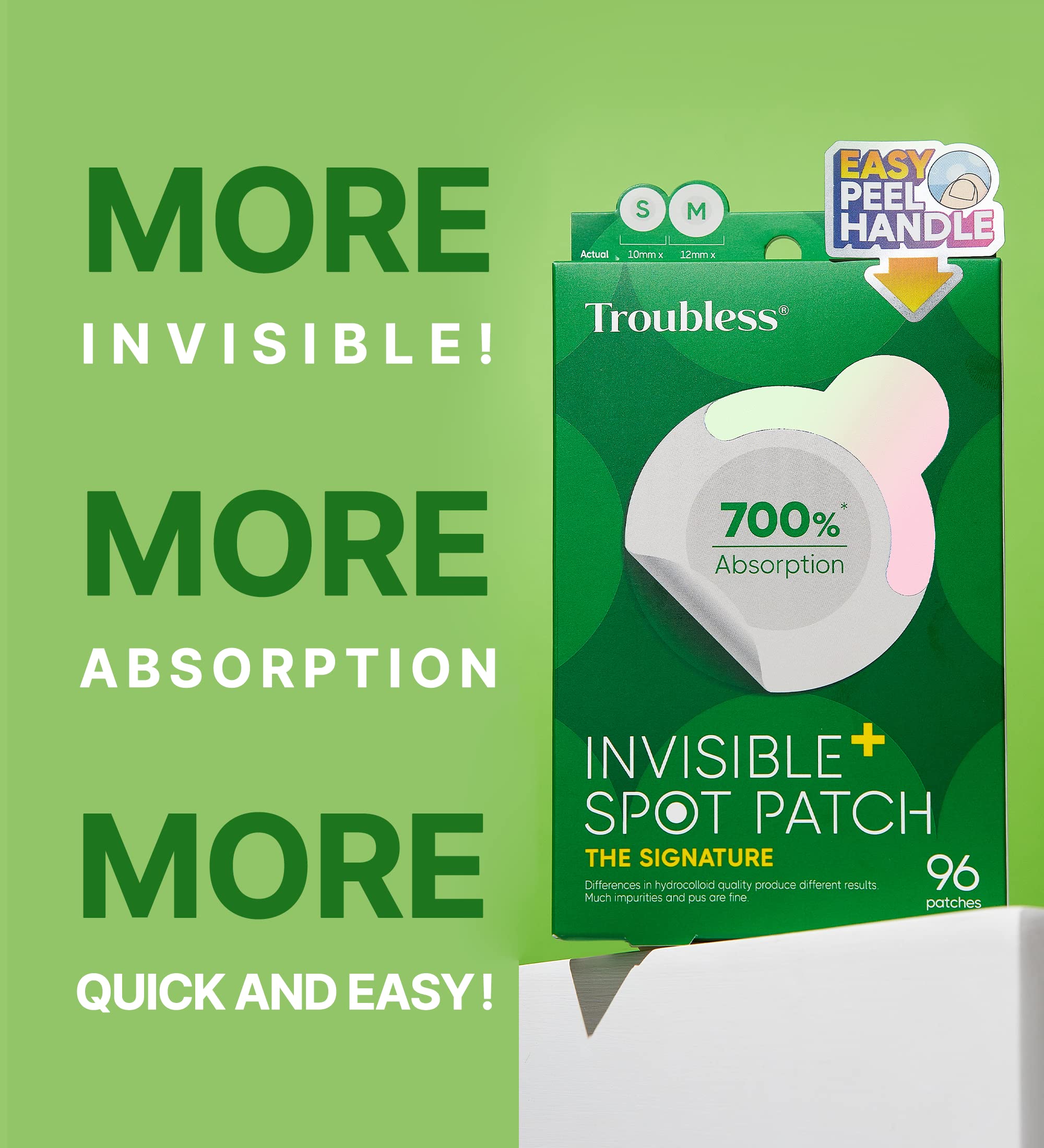 Troubless hydrocolloid acne sheets showcasing the two different patch sizes of ten millimeters and twelve millimeters