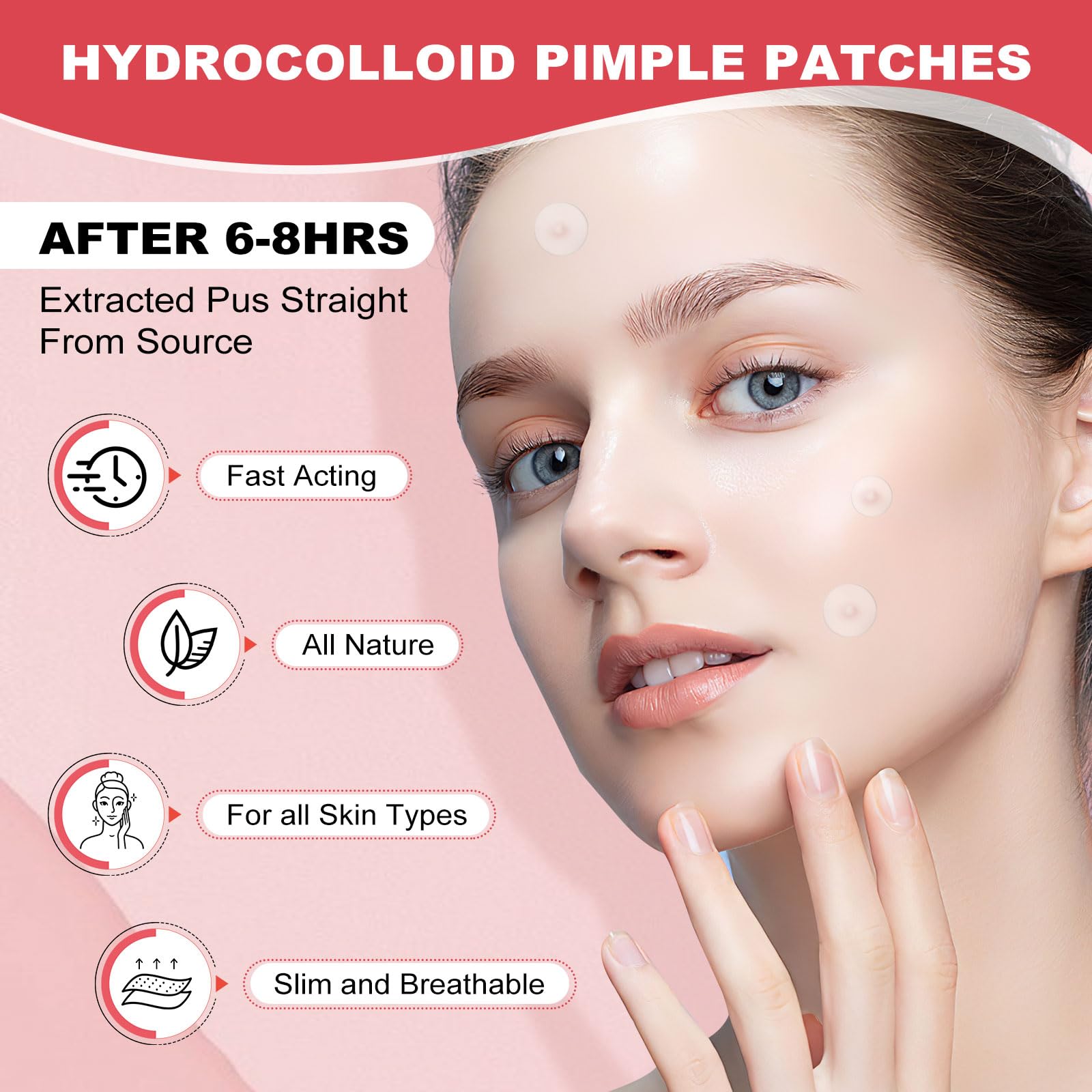Model applying a matte waterproof cystic acne treatment sticker to face.