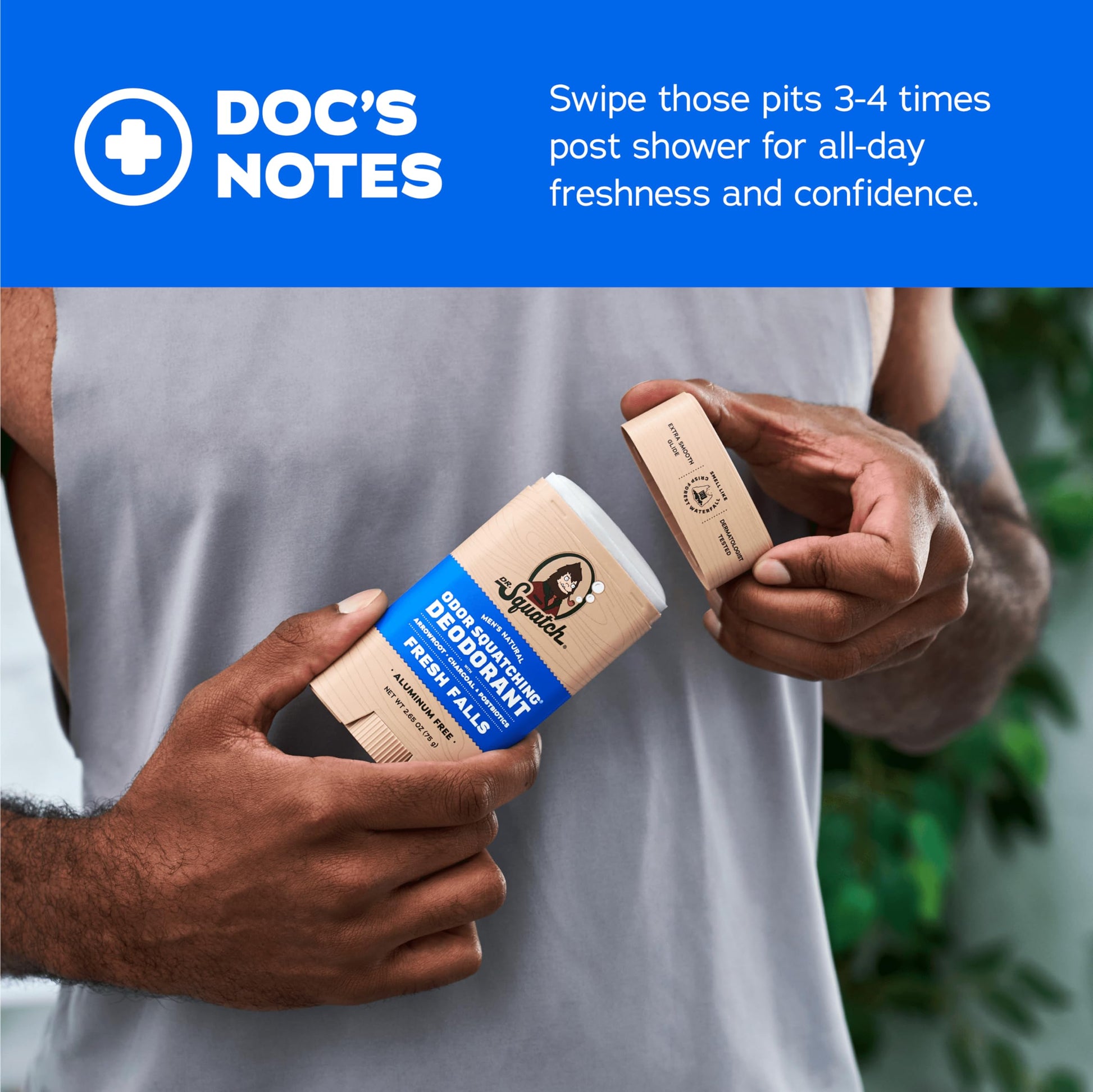 The texture and twist up mechanism of the Dr. Squatch natural underarm stick for men.
