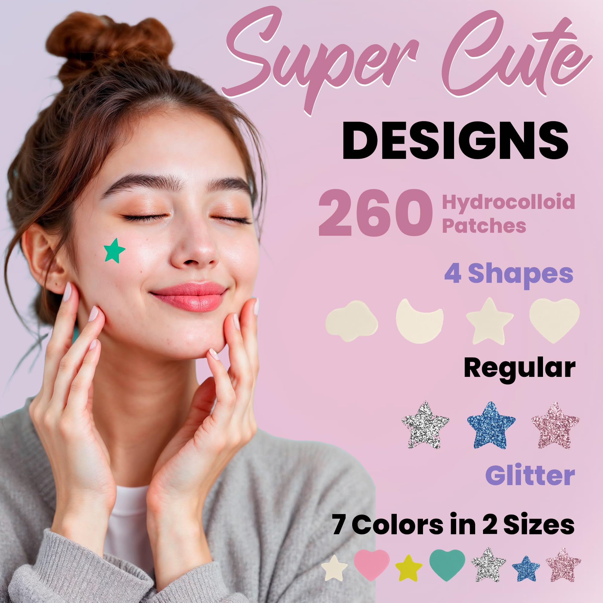 Glitter and regular finish acne patches in two different sizes on a packaging sheet