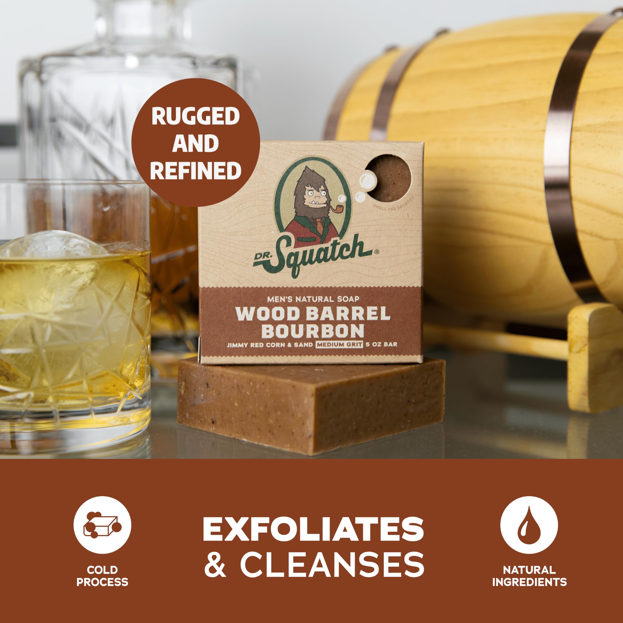 Three pack of Dr. Squatch Wood Barrel Bourbon five ounce bars arranged neatly for men's skincare routine