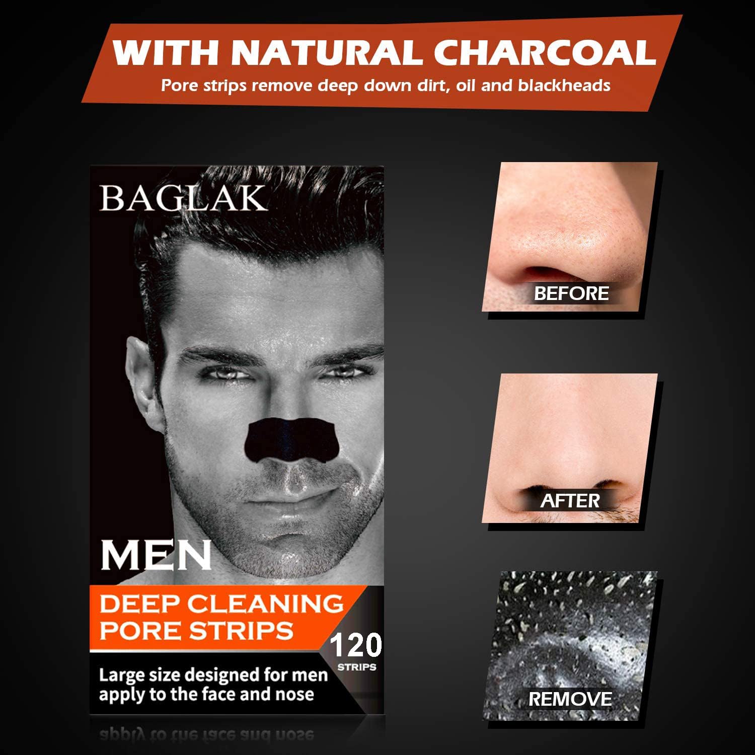 Large size charcoal pore strip applied on a man's nose demonstrating facial contour fit.