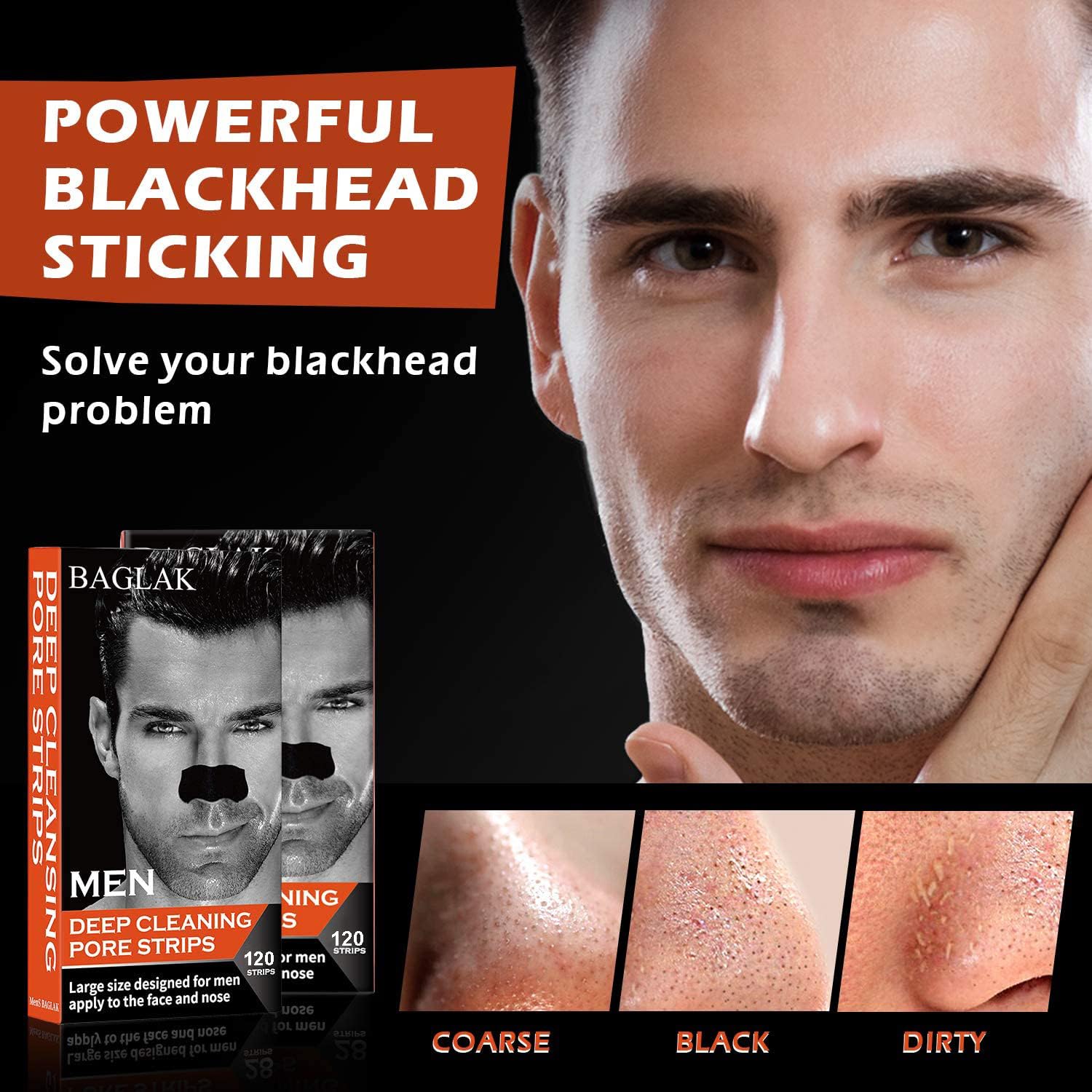 Back packaging text of BAGLAK charcoal nose strips detailing dermatologist tested mild formula.