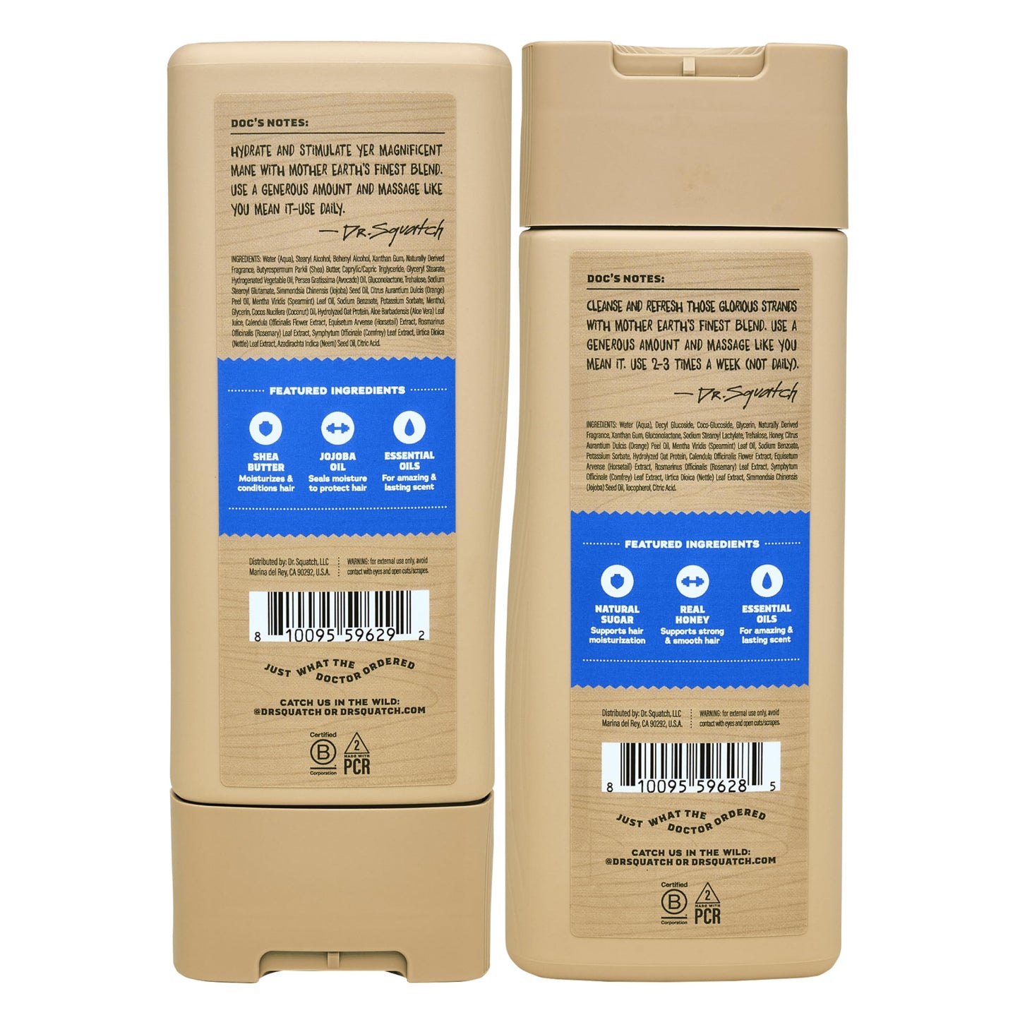 Sulfate-free Dr. Squatch shampoo and conditioner duo for healthy men's hair.