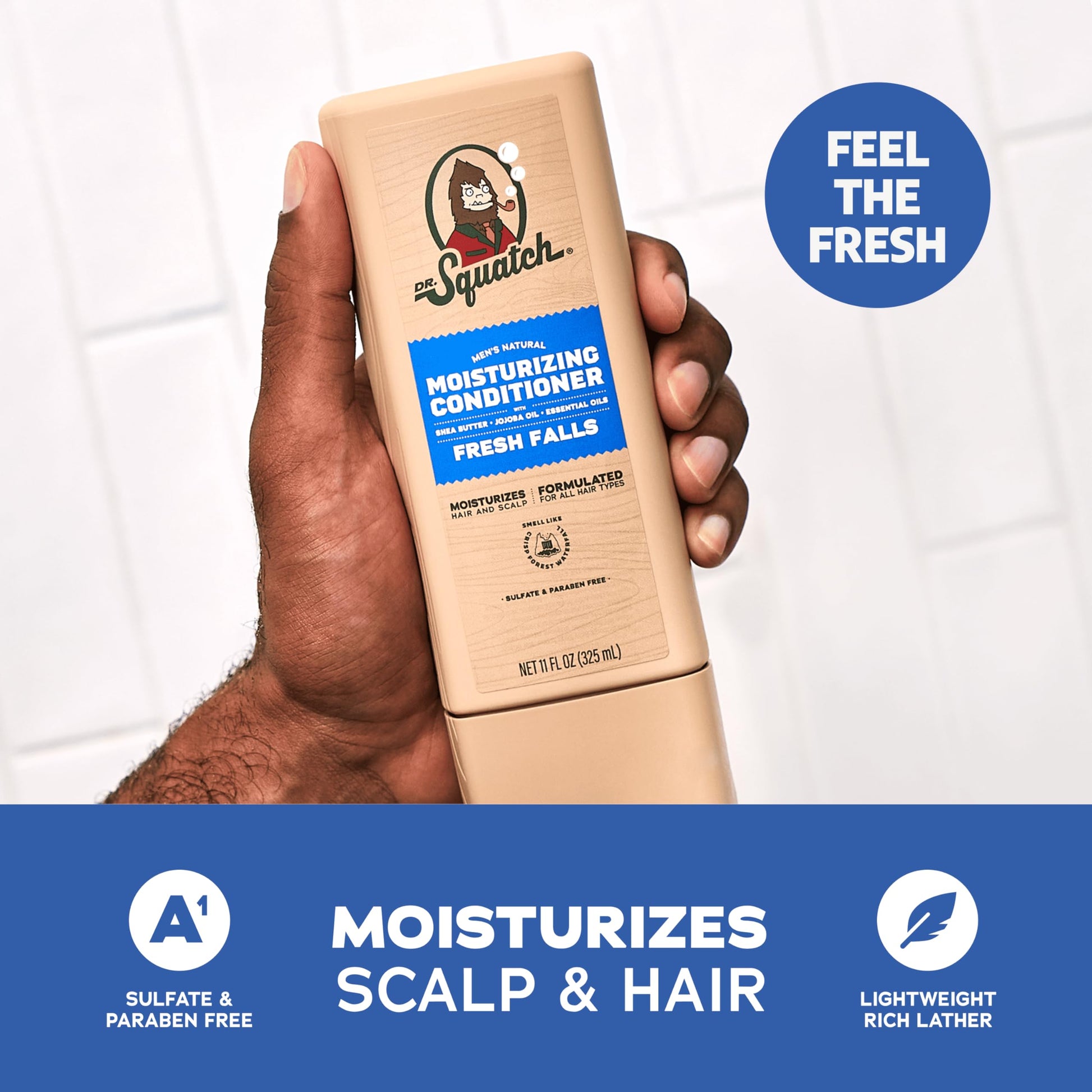 Dr. Squatch Fresh Falls hair bundle detailing organic ingredients like Jojoba Oil.