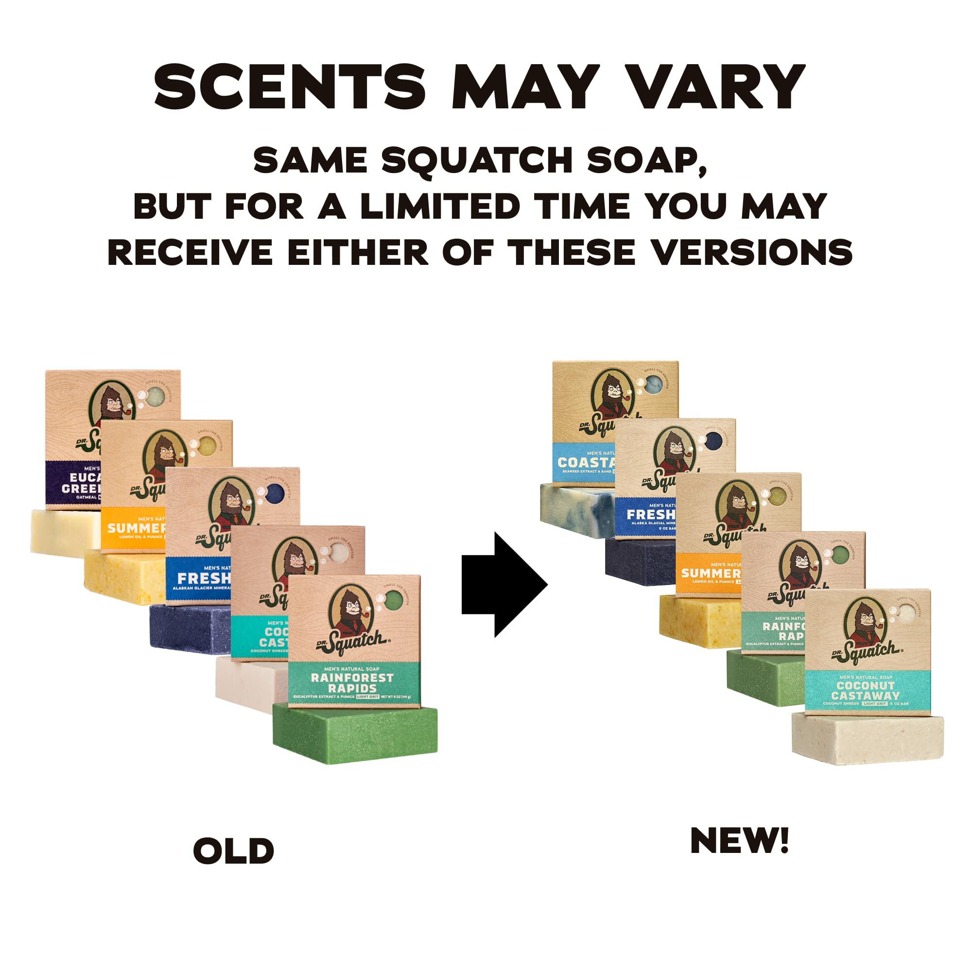 Dr. Squatch cold process natural body soap bars arranged together highlighting masculine scents.