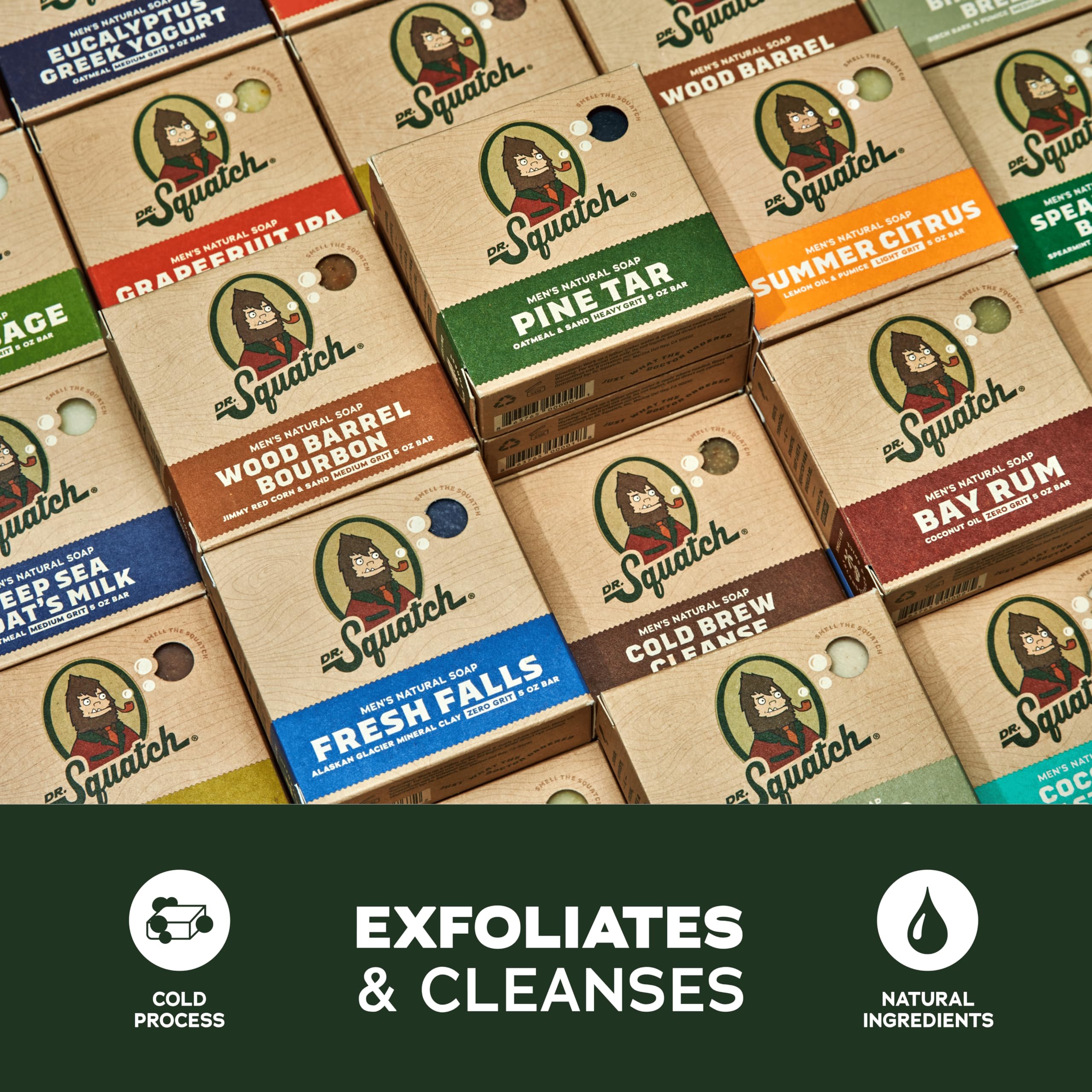 Close up view of authentic Dr. Squatch variety pack highlighting clean natural ingredients.