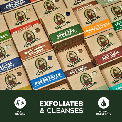 Close up view of authentic Dr. Squatch variety pack highlighting clean natural ingredients.