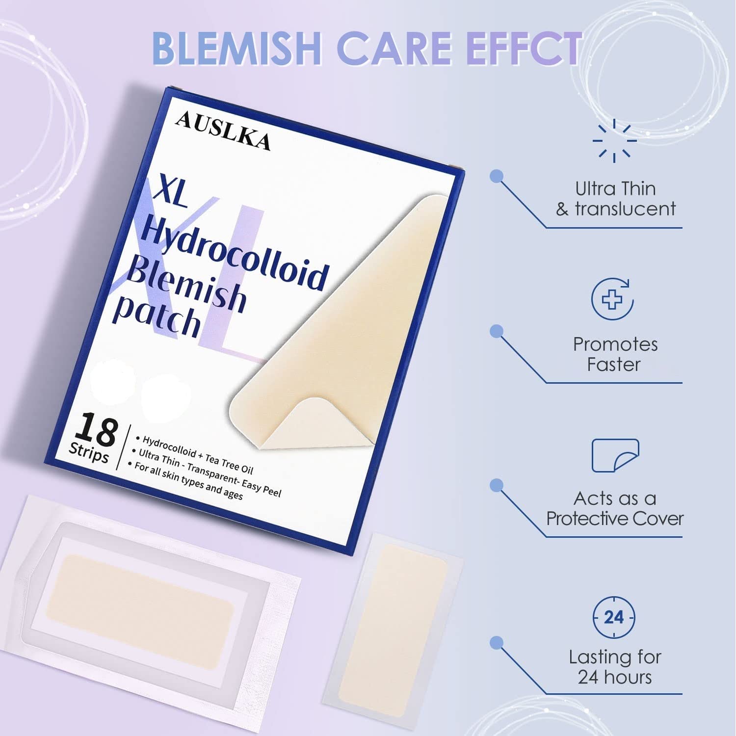 Close up view of the thin tapered edges of AUSLKA medical grade hydrocolloid acne patches