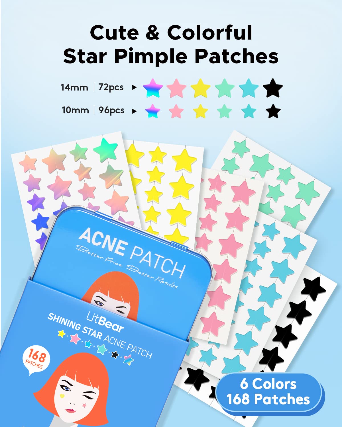 LitBear hydrocolloid star zit patches showing six colorful sheets for acne care.