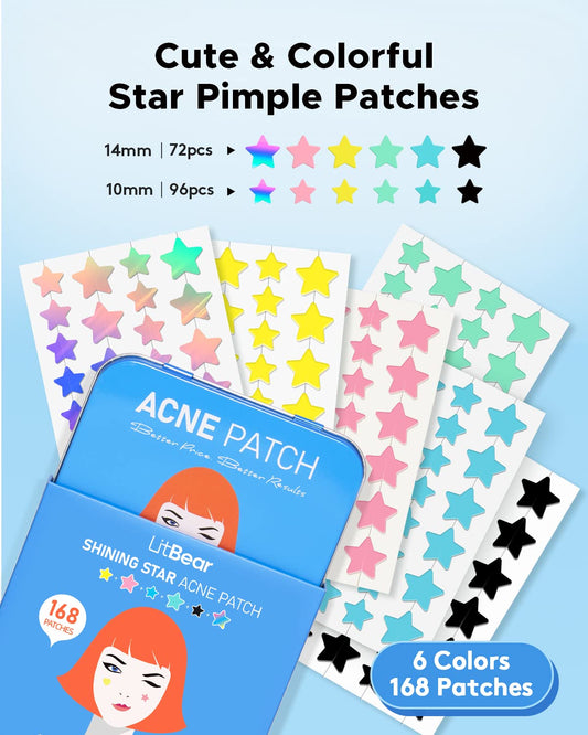 LitBear hydrocolloid star zit patches showing six colorful sheets for acne care.