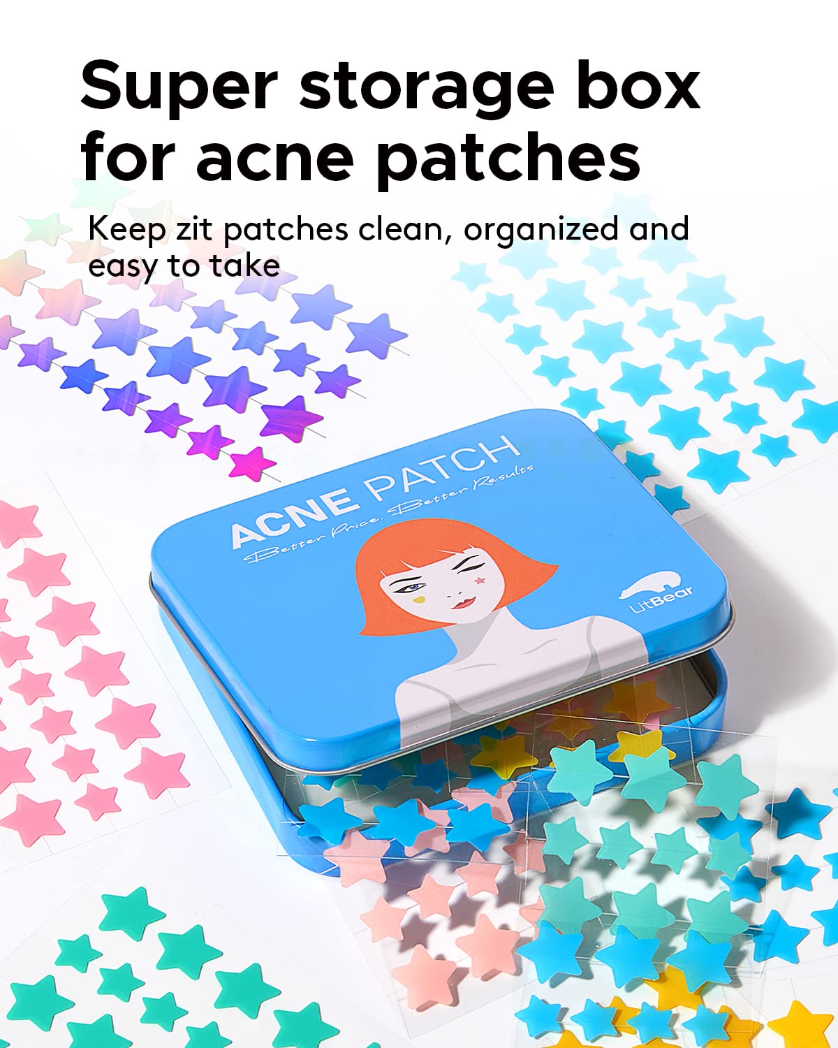 Six colors of LitBear hydrocolloid dots designed for sensitive skin protection.