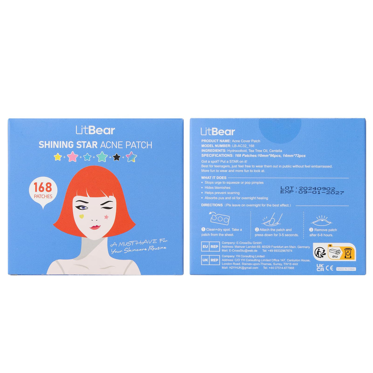 Packaging and contents of LitBear one hundred and sixty eight count acne dots
