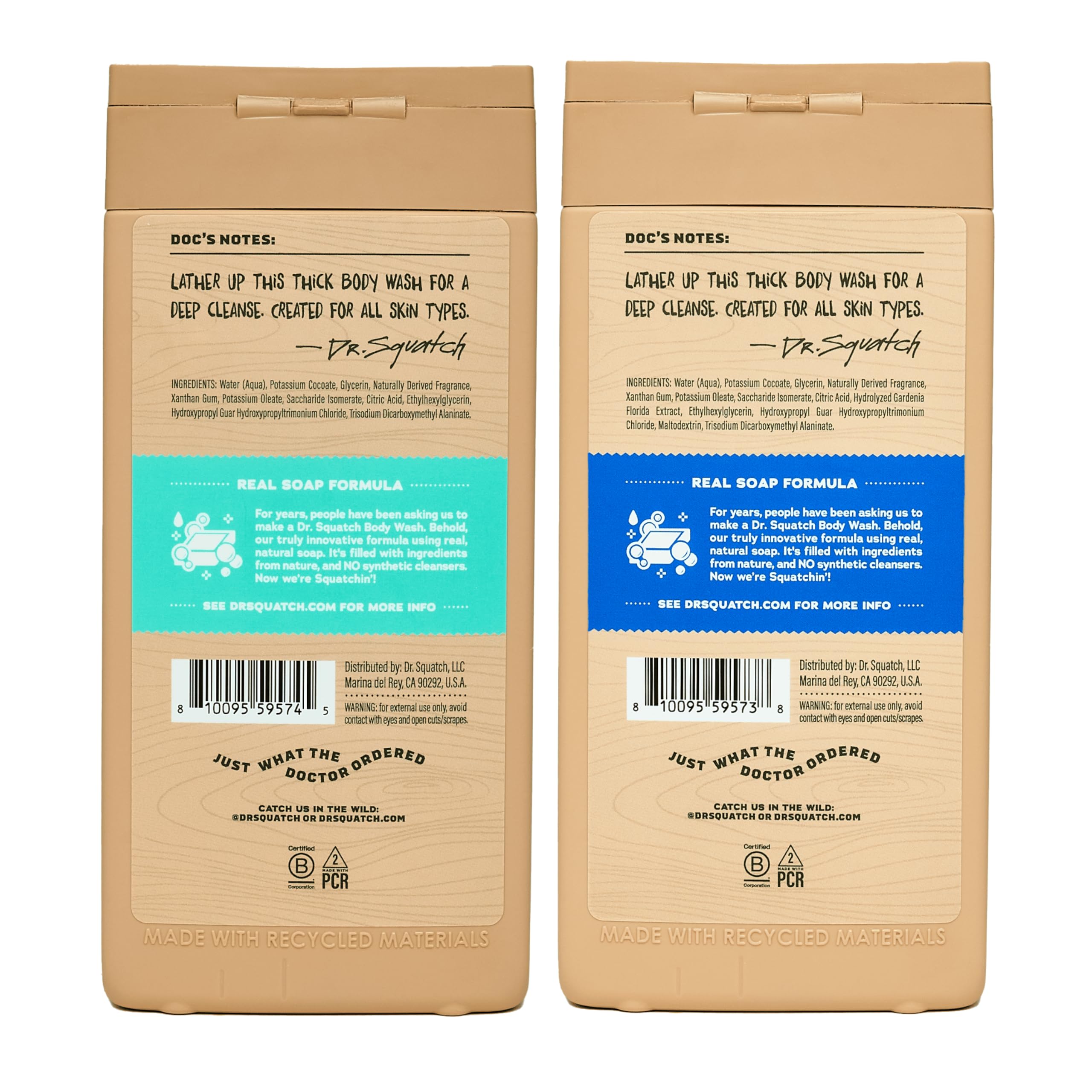 Dr. Squatch Coconut Castaway natural shower gel bottle highlighting the real soap formula label.