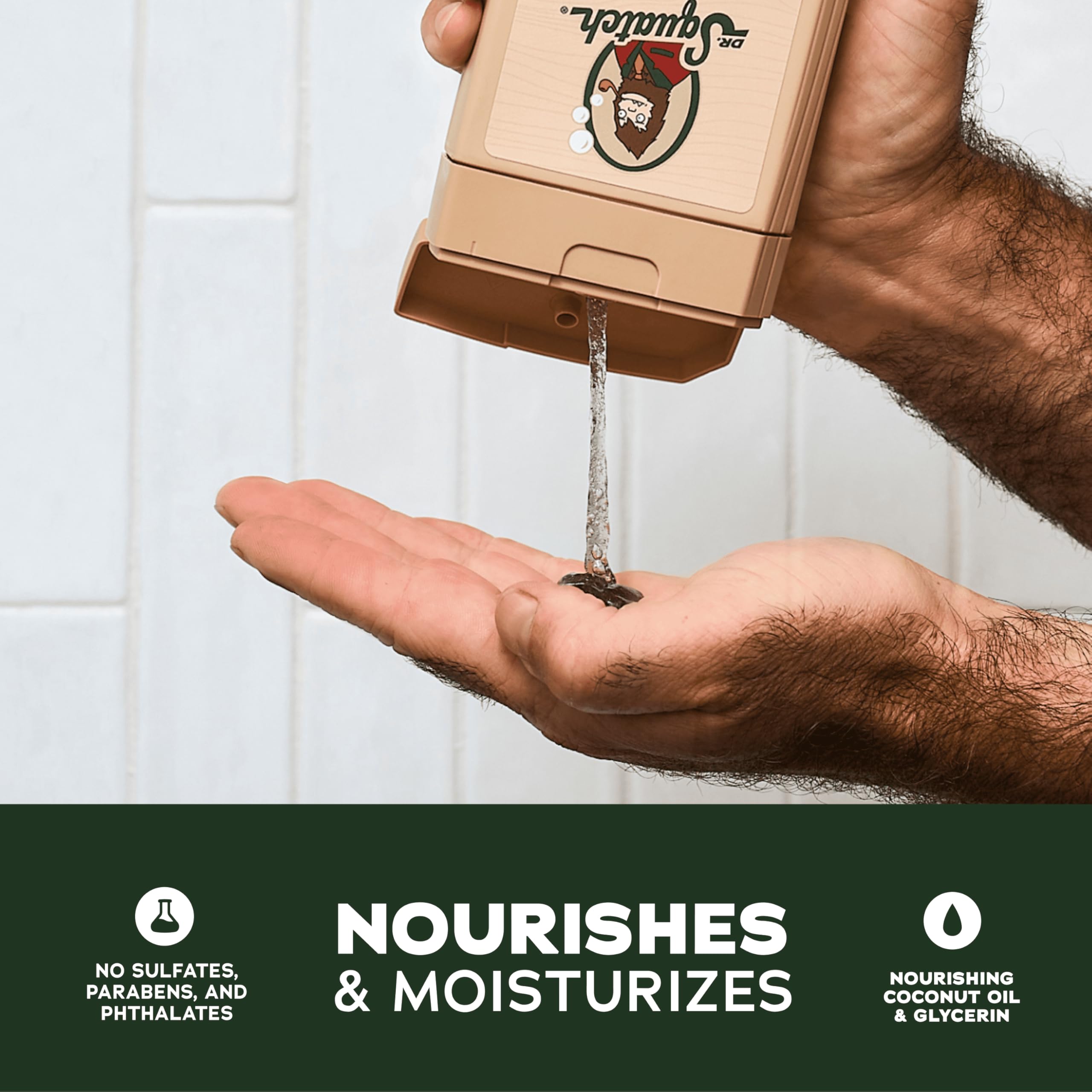 Dr. Squatch Fresh Falls natural liquid body wash for men displaying product size and ingredient benefits.