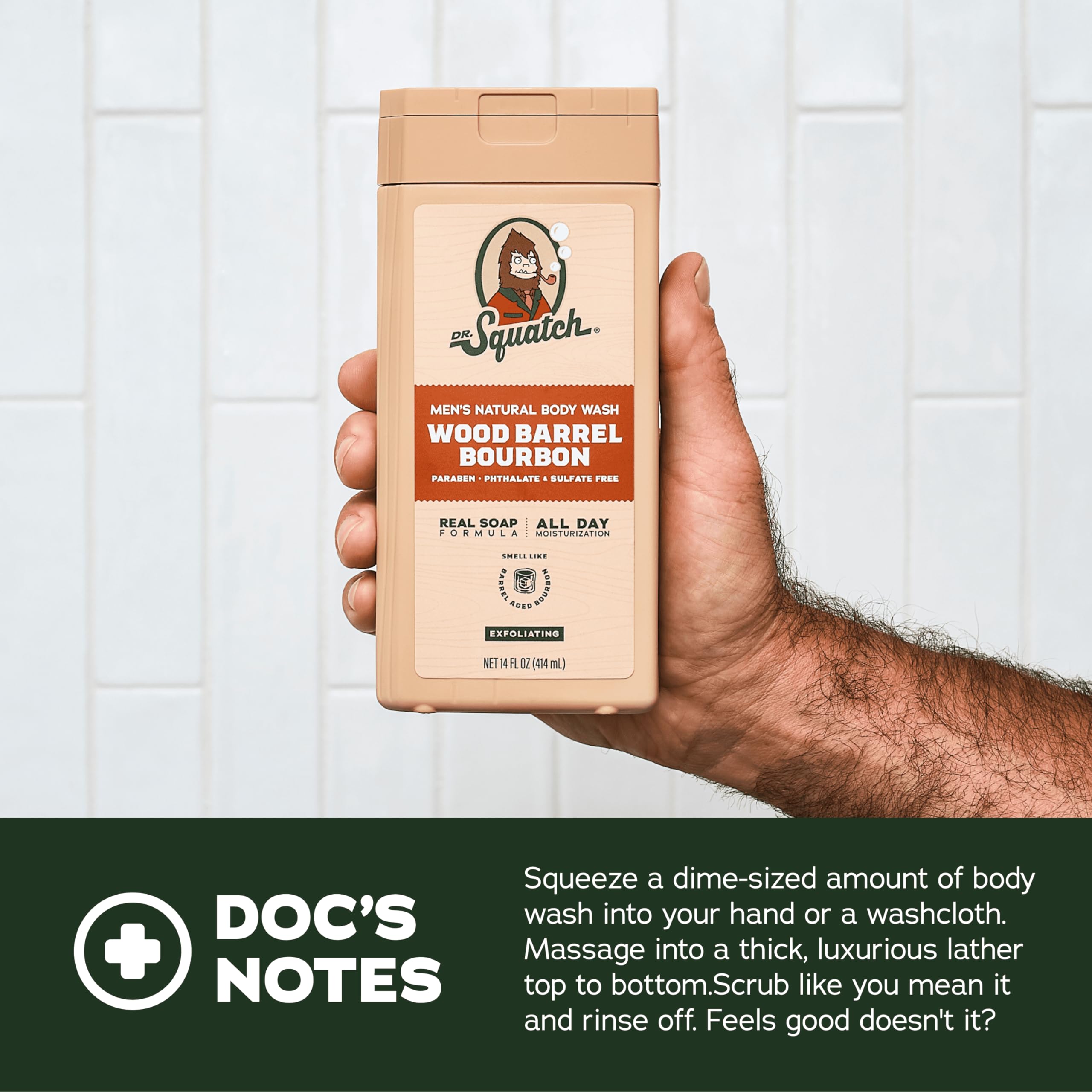 Close up view of the back label of Dr. Squatch natural body wash showing the sulfate free ingredients.