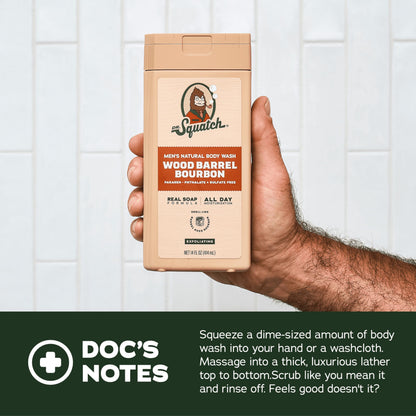 Close up view of the back label of Dr. Squatch natural body wash showing the sulfate free ingredients.
