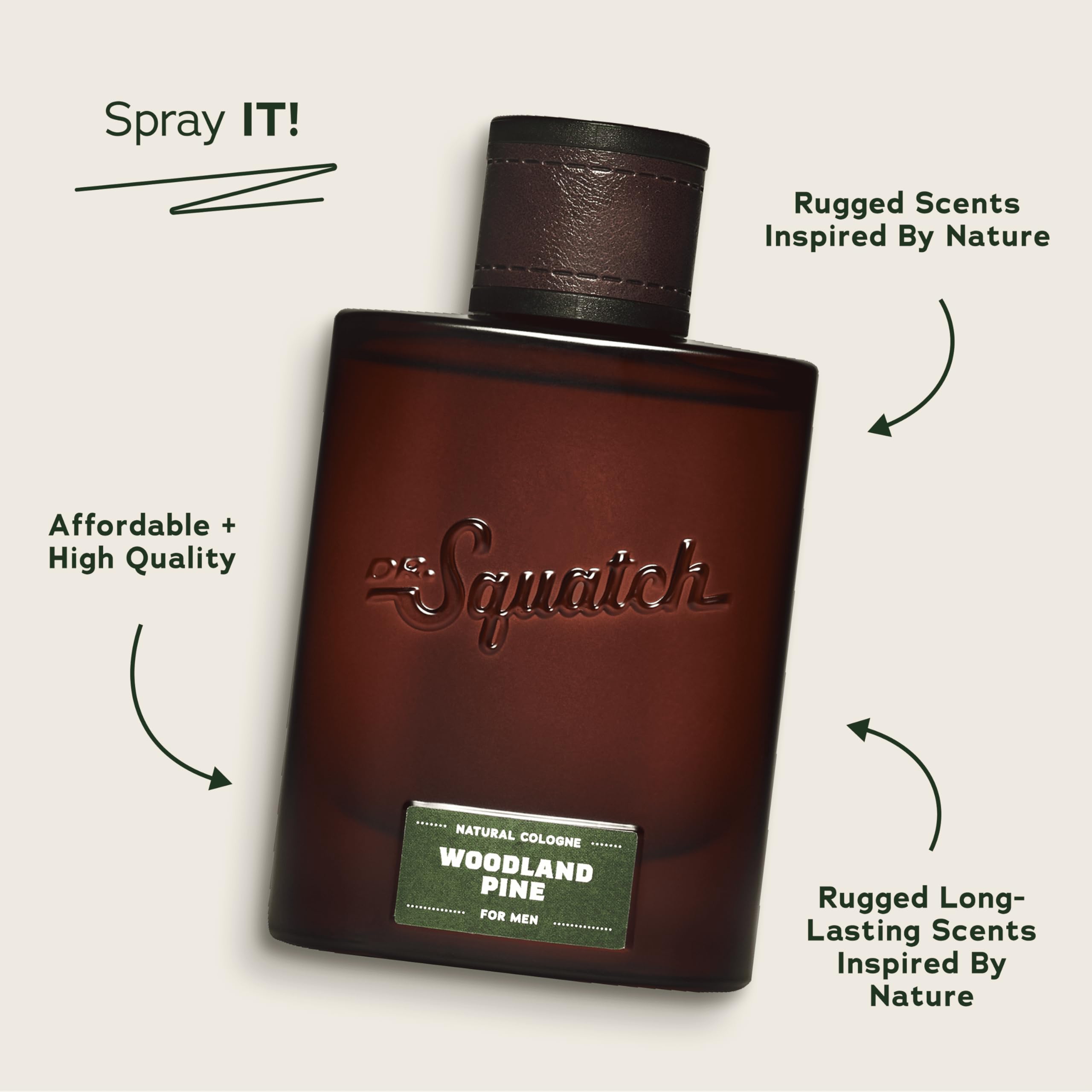 Dr. Squatch Woodland Pine natural fragrance bottle resting on an outdoor wooden surface