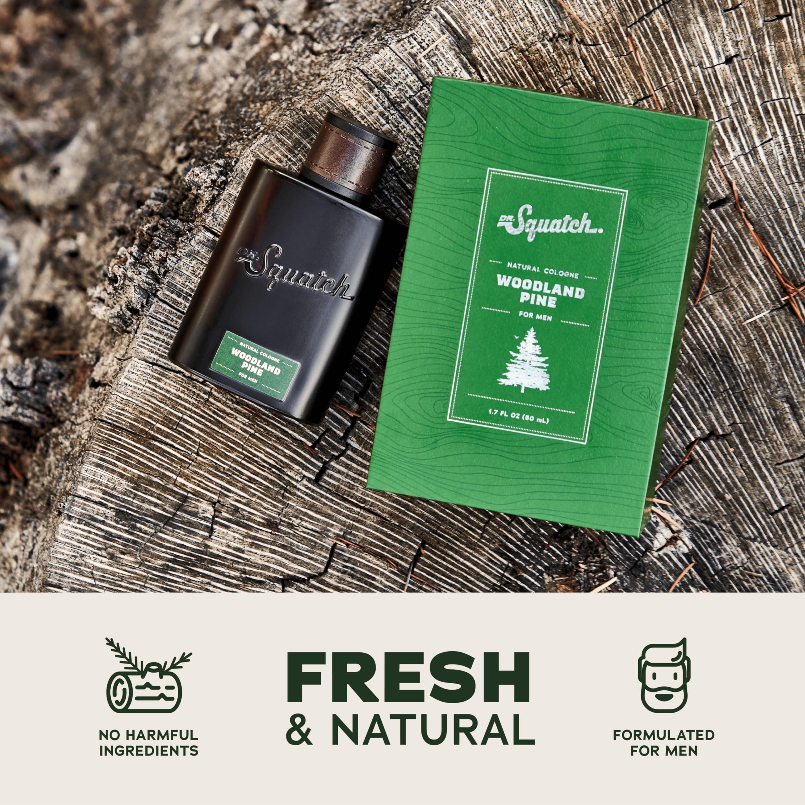 Dr. Squatch 1.7 fluid ounce men's perfume packaging showing sustainable ingredients list