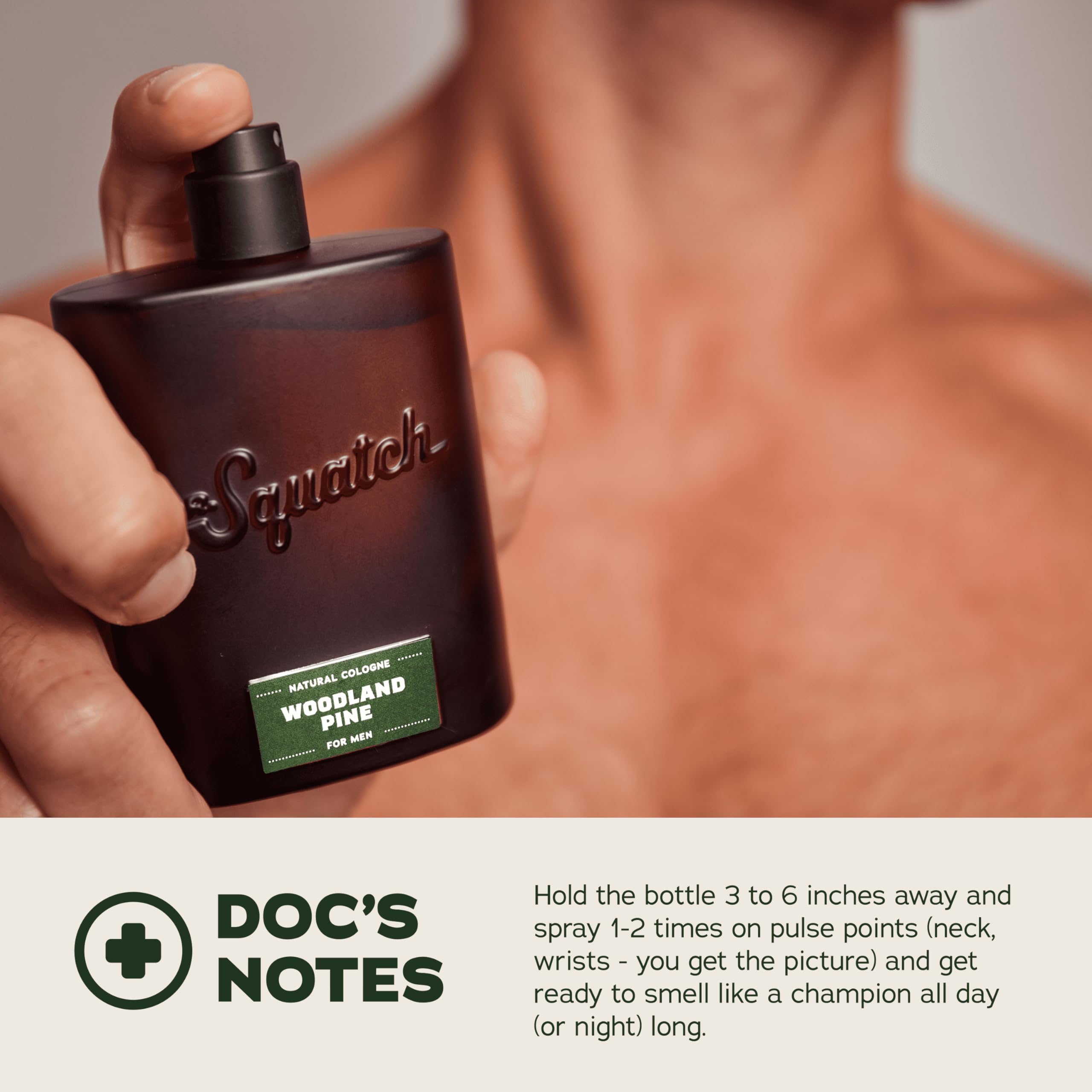 Man applying Dr. Squatch Woodland Pine cologne to his wrist pulse point