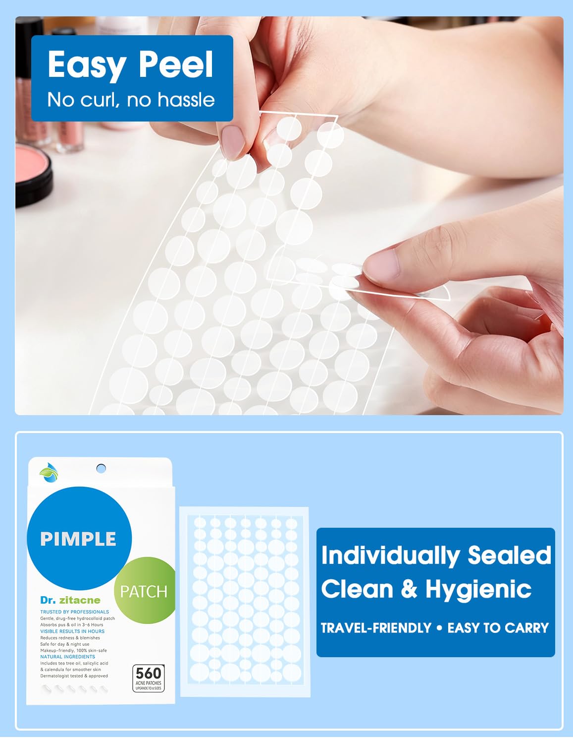 Packaging breakdown of the five hundred and sixty count Dr. Zitacne fluid absorbing pimple patches for face care.