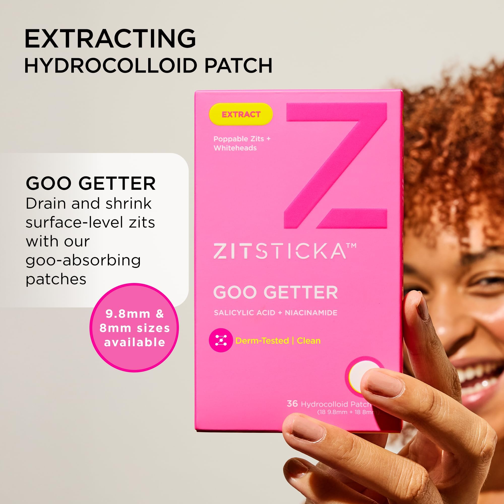 ZitSticka acne spot stickers showing the two different sizes of moisture drawing hydrocolloid patches on the clear backing sheet