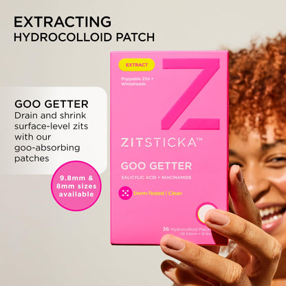 ZitSticka acne spot stickers showing the two different sizes of moisture drawing hydrocolloid patches on the clear backing sheet