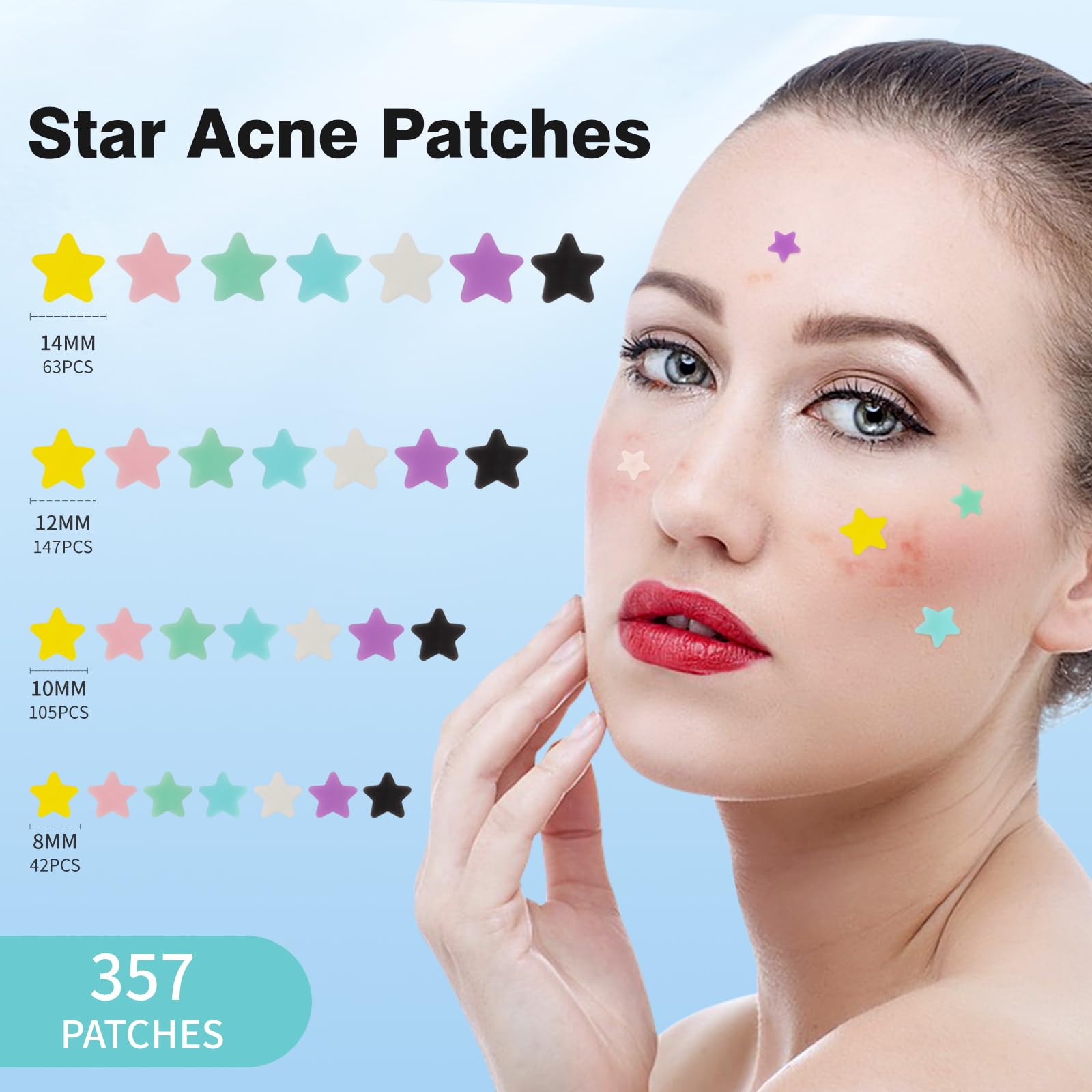 Close up of 357 count star acne patches in pink green purple and yellow colors