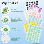 Close up of star shaped acne spot stickers in various colors