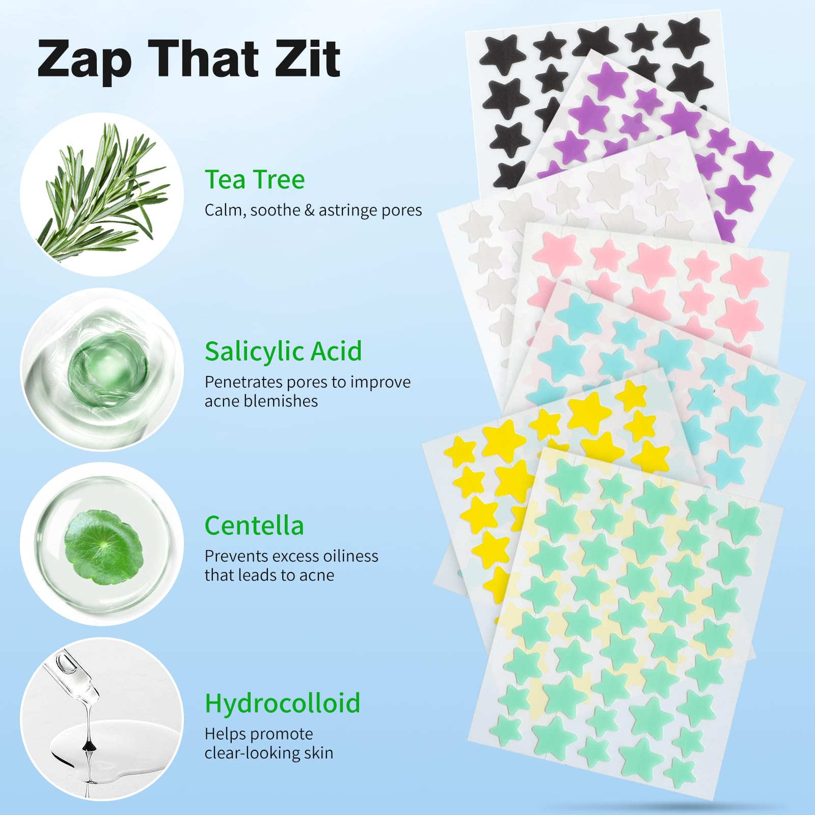 Infused ingredients layout featuring tea tree oil salicylic acid and cica oil with hydrocolloid spot stickers