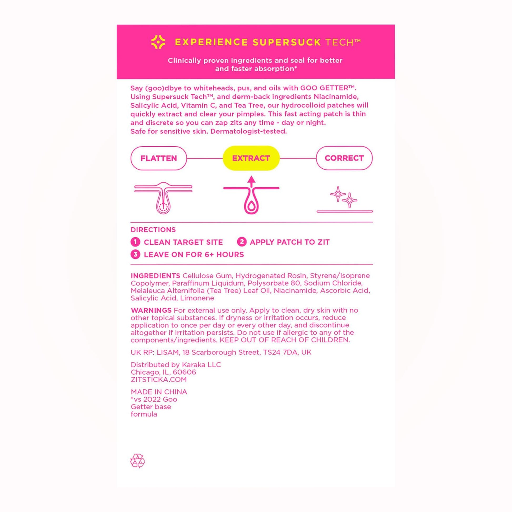 Back of ZitSticka Goo Getter package displaying application instructions and active ingredient breakdown for Indian consumers