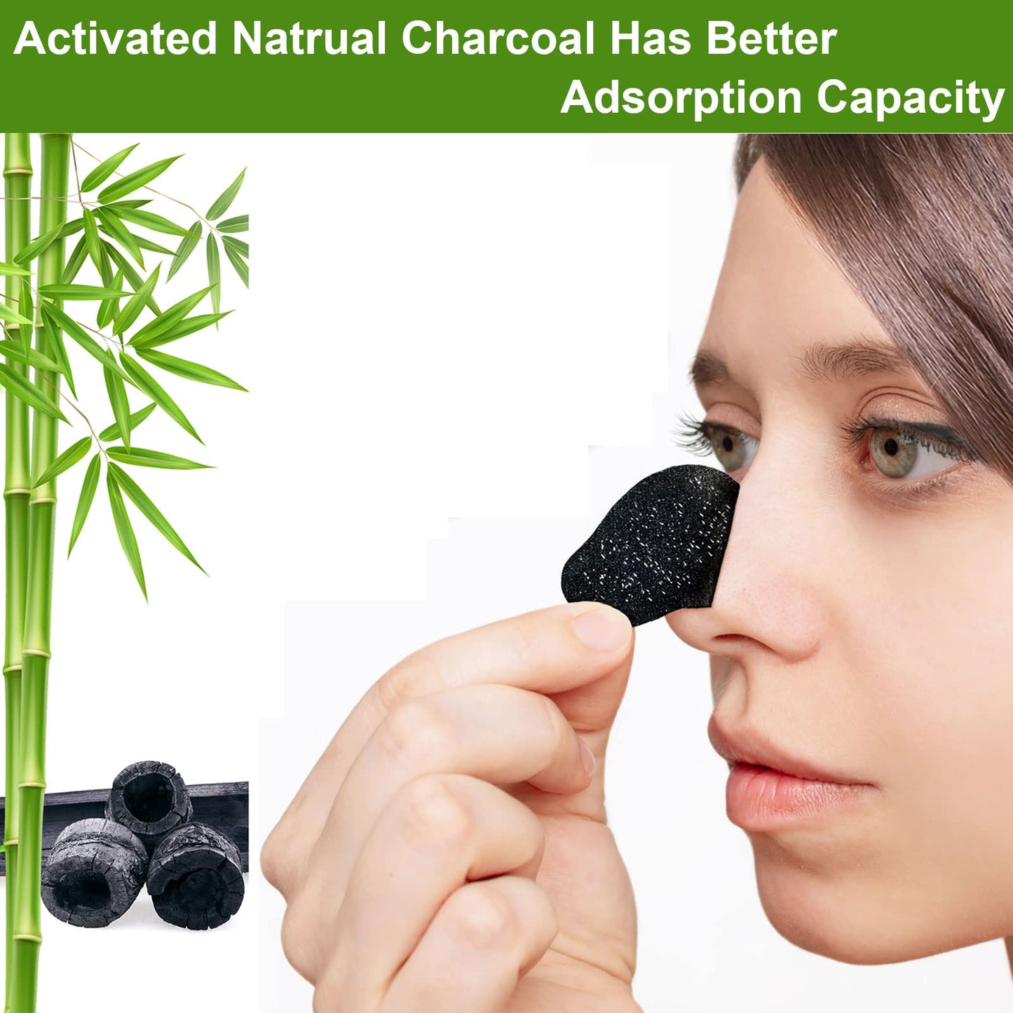 Close up view of the black charcoal pore patch showing texture and adhesive side for nose application