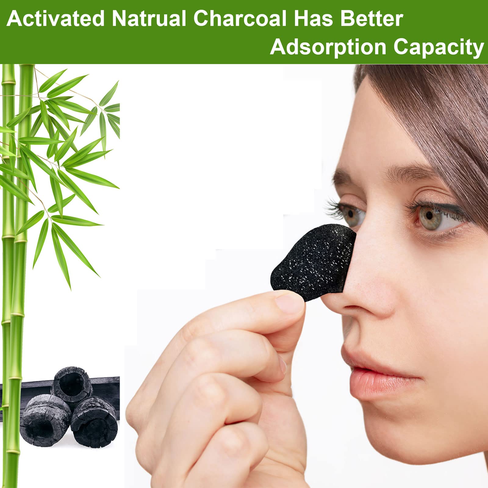 Close up view of the black charcoal pore patch showing texture and adhesive side for nose application
