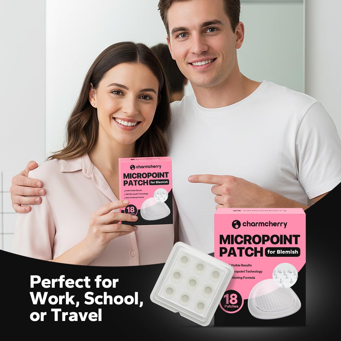 Before and after comparison of using hydrocolloid blemish patches on stubborn blind pimples.