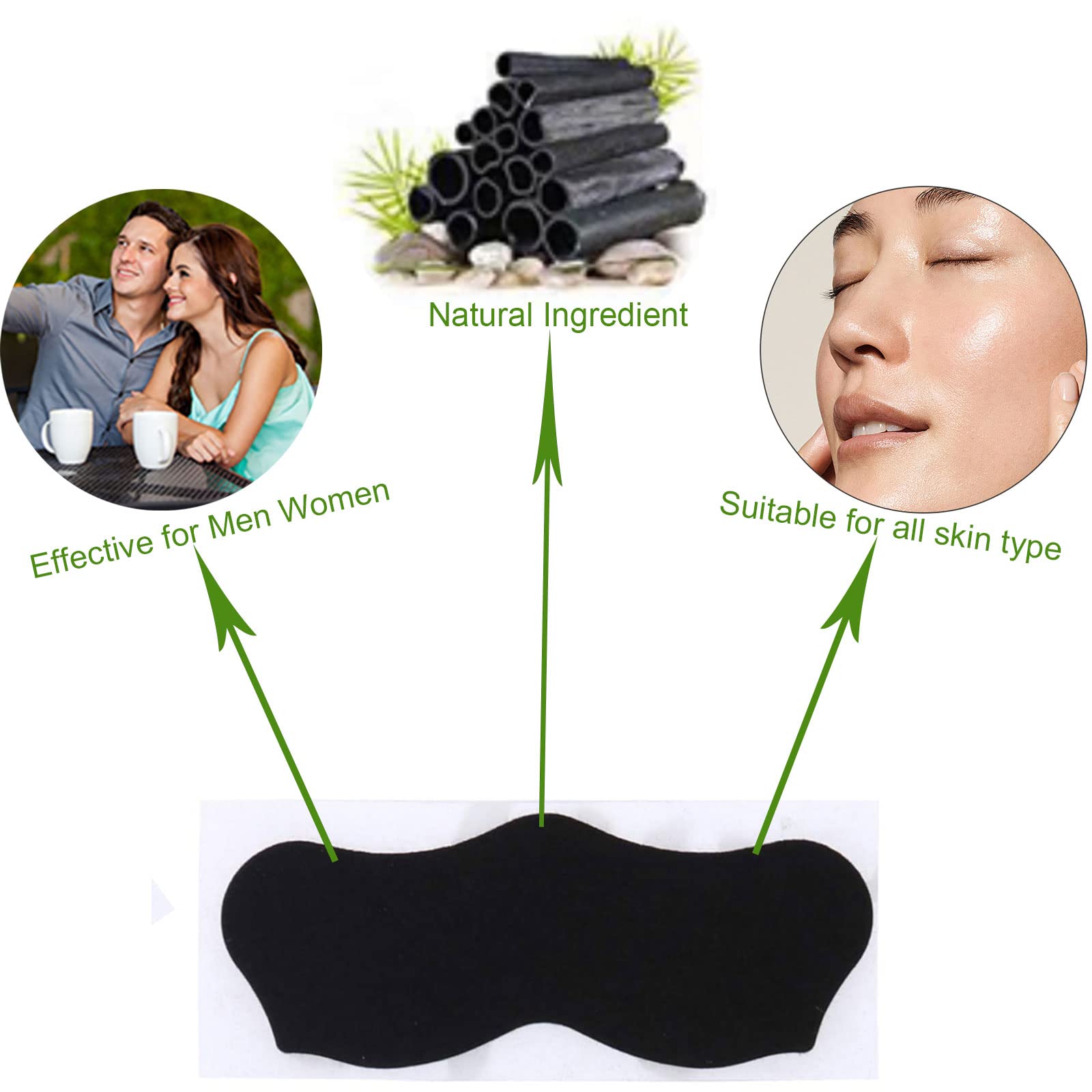 Step by step application guide graphics showing how to wet the nose and peel off the blackhead strip