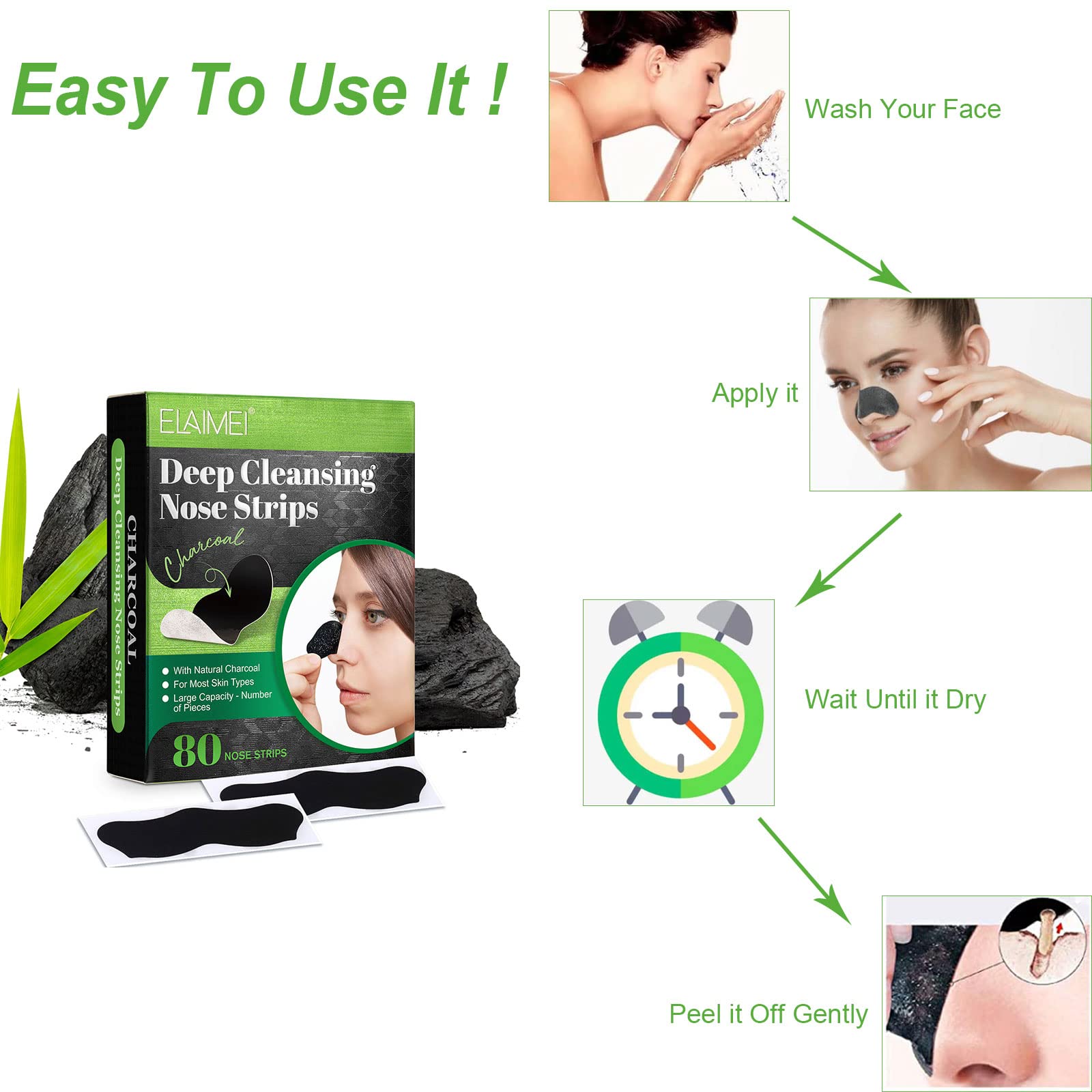Infographic illustrating the magnet like action of charcoal pulling dirt and excess sebum from facial pores