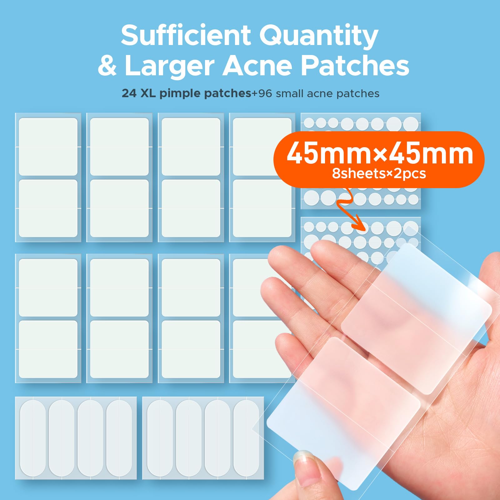 TKTK acne patches package interior displaying five different sizes of hydrocolloid stickers for body blemishes.
