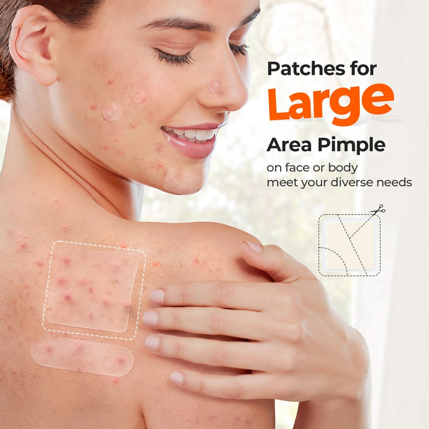 Extra large 45 by 45 millimeter square hydrocolloid bandage by TKTK applied to a clear back breakout zone.