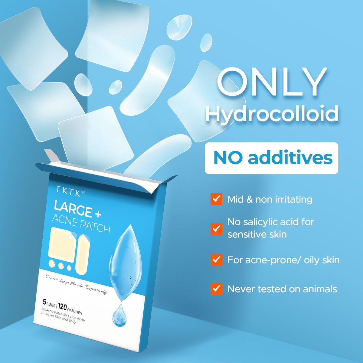 Open box display of TKTK hydrocolloid bandages and individual sheets