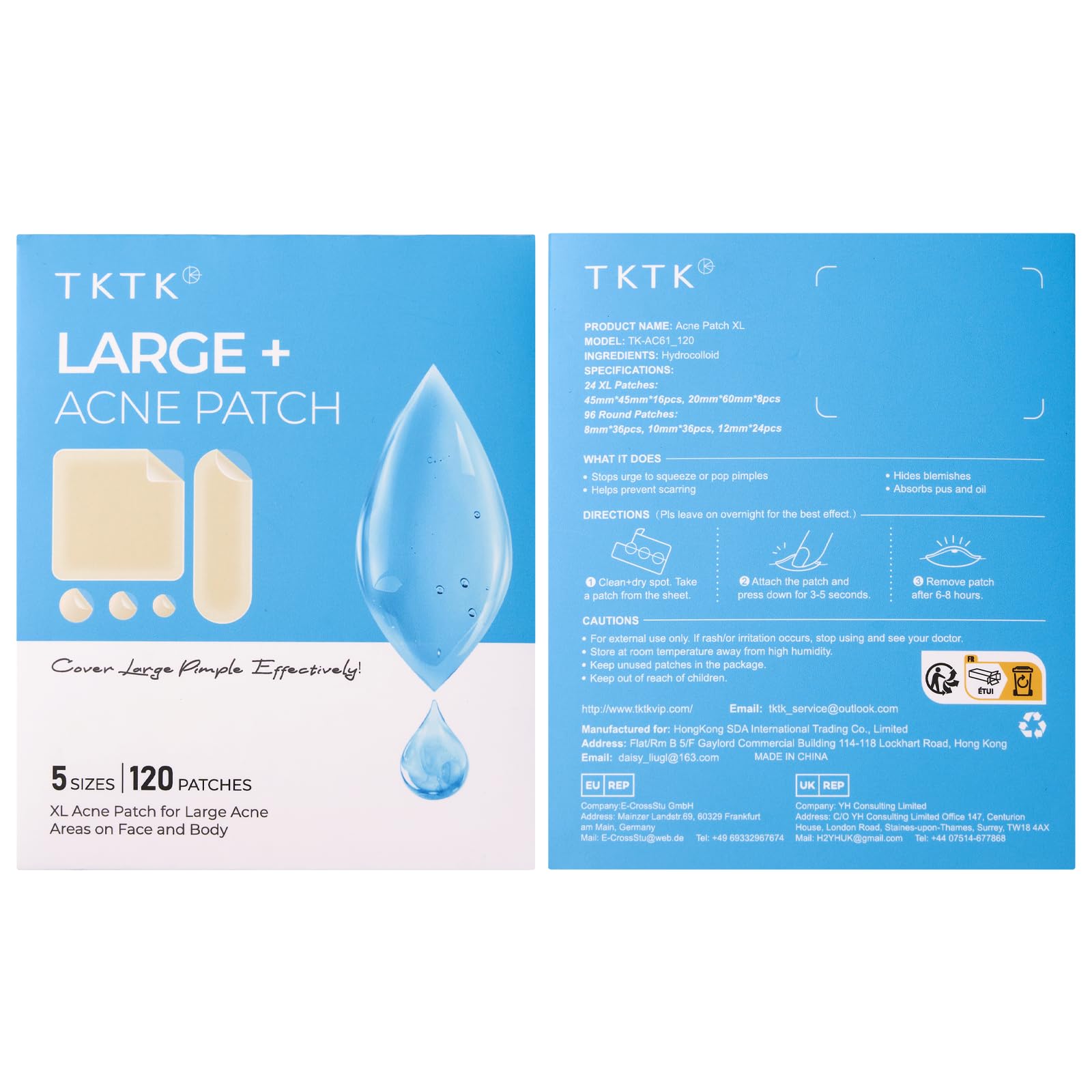 TKTK large acne patch dimensions diagram highlighting suitability for forehead and shoulder breakout coverage.