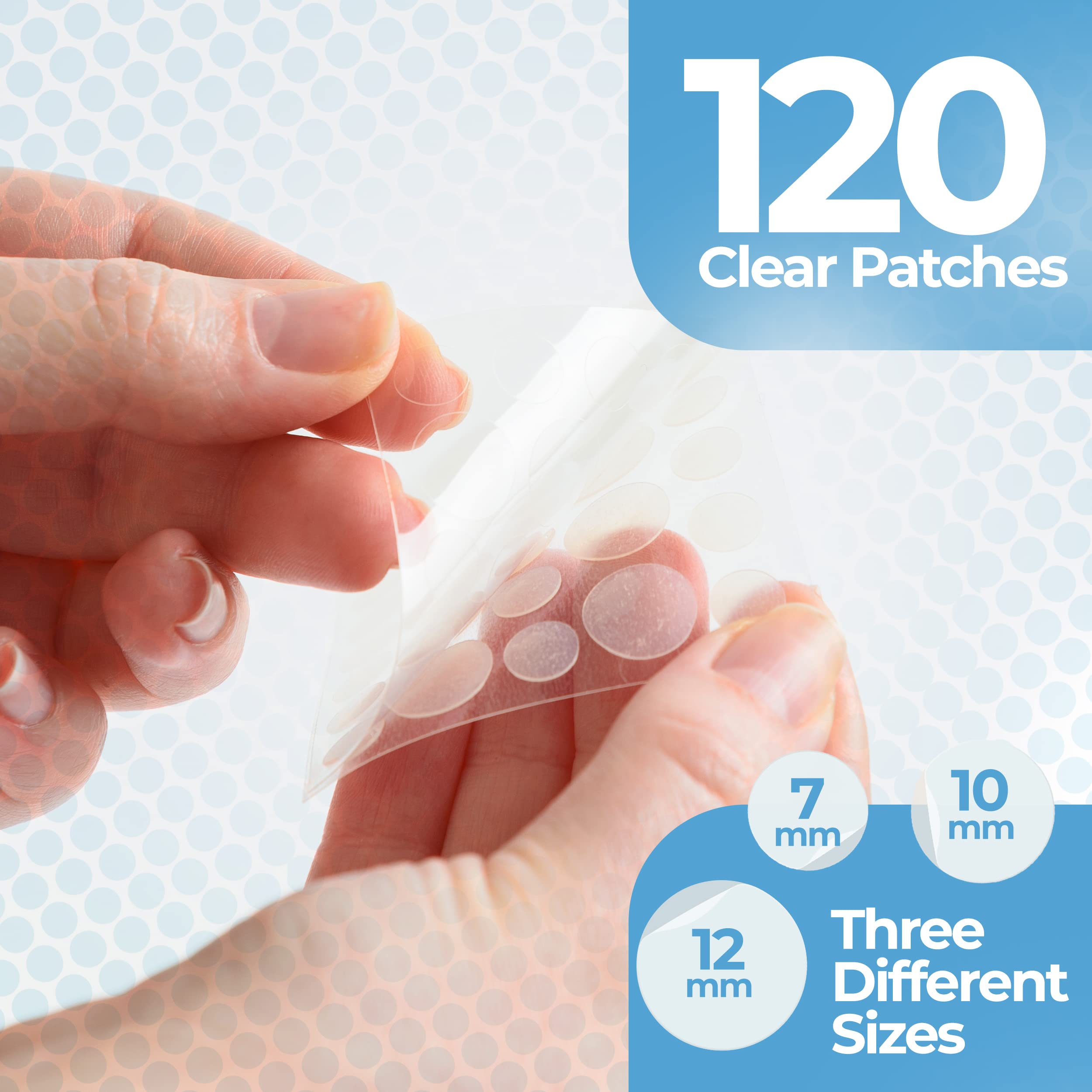 Three different sizes of PatchRx clear hydrocolloid zit patches for breakouts