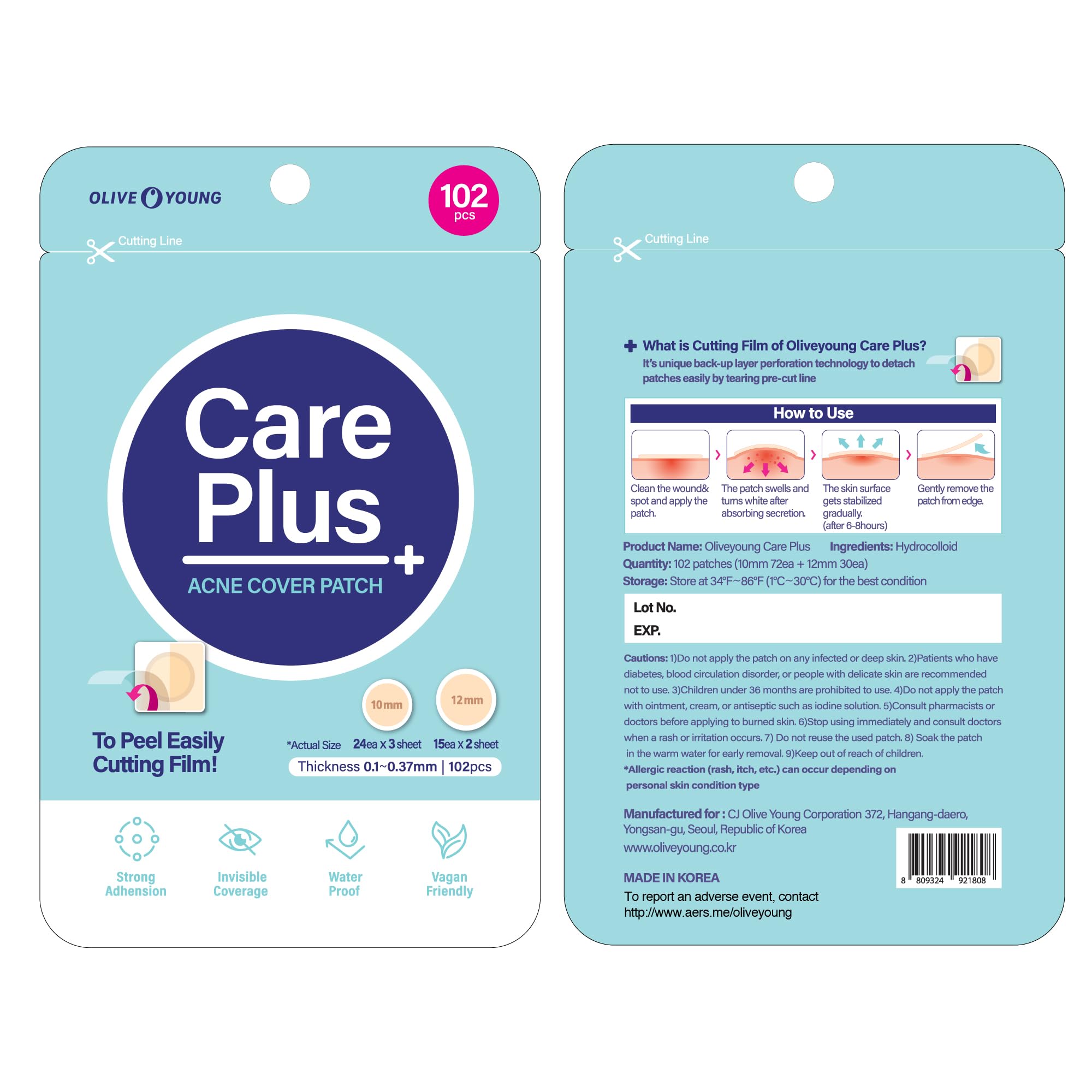 Close up view of the translucent hydrocolloid acne patches in two different sizes